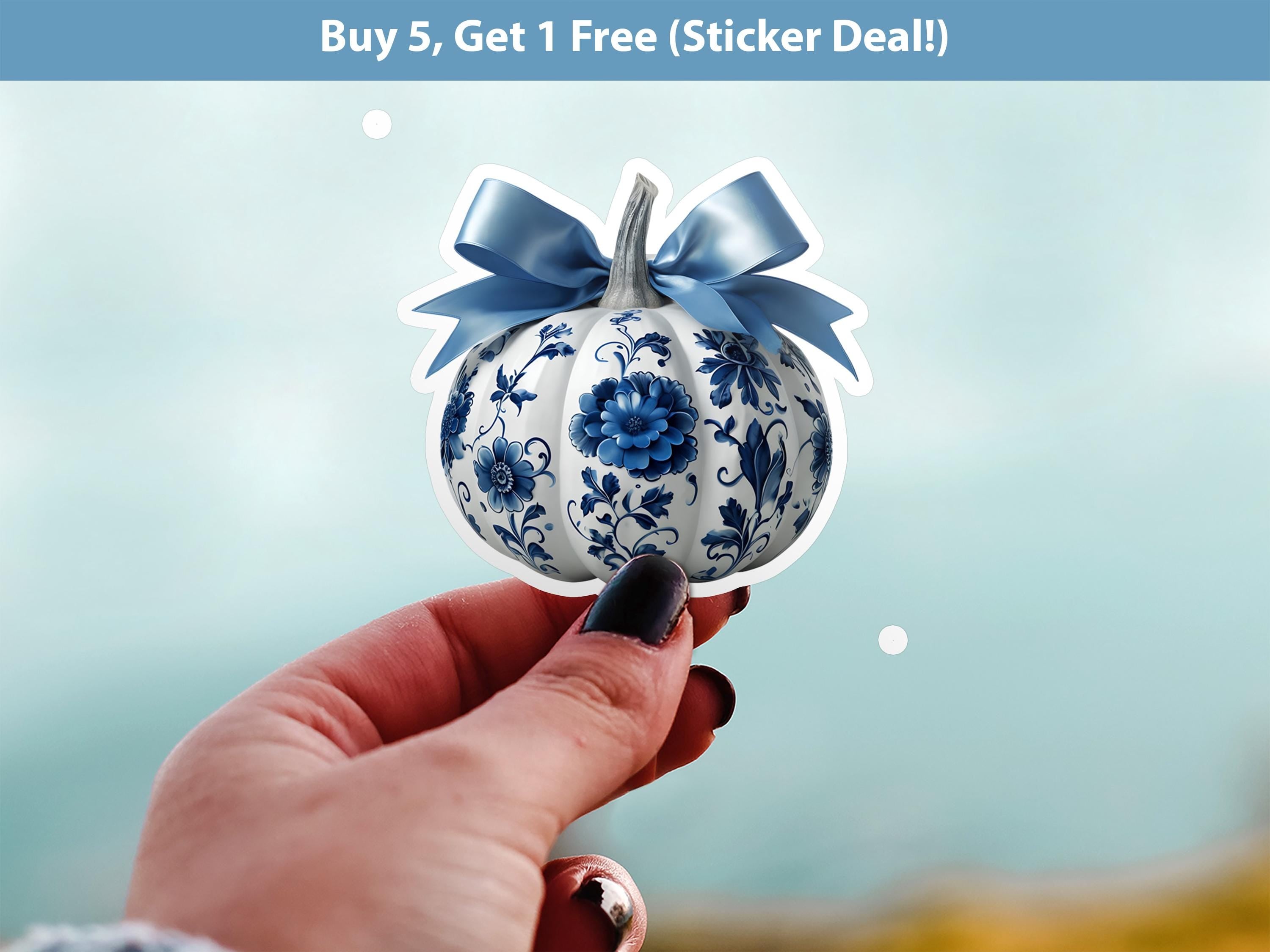 Delftware Pumpkin Sticker: Blue & White Vintage Halloween Decal