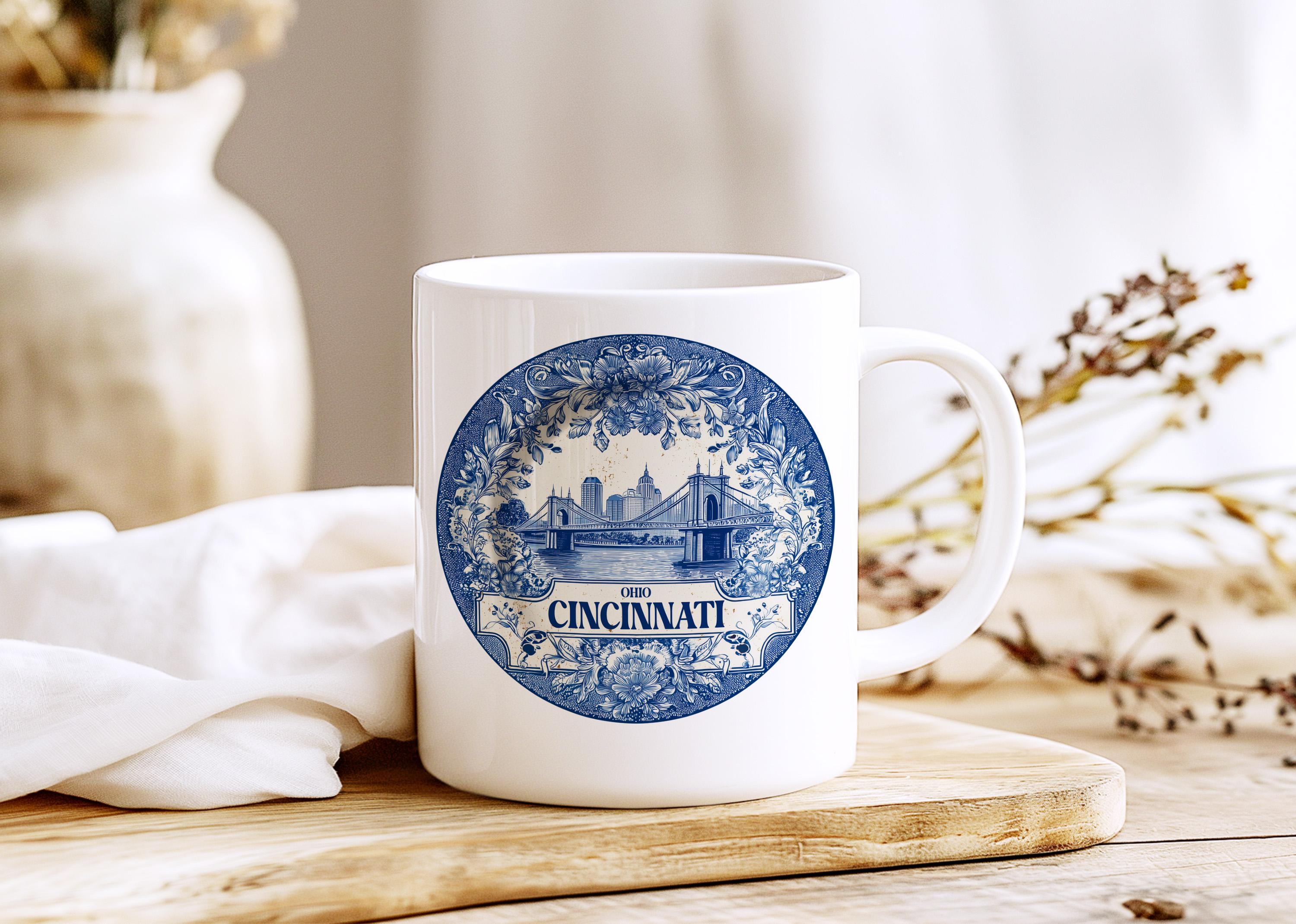 Cincinnati Ohio Mug, Custom Delft Style cup, Personalized Vintage Travel City Gift