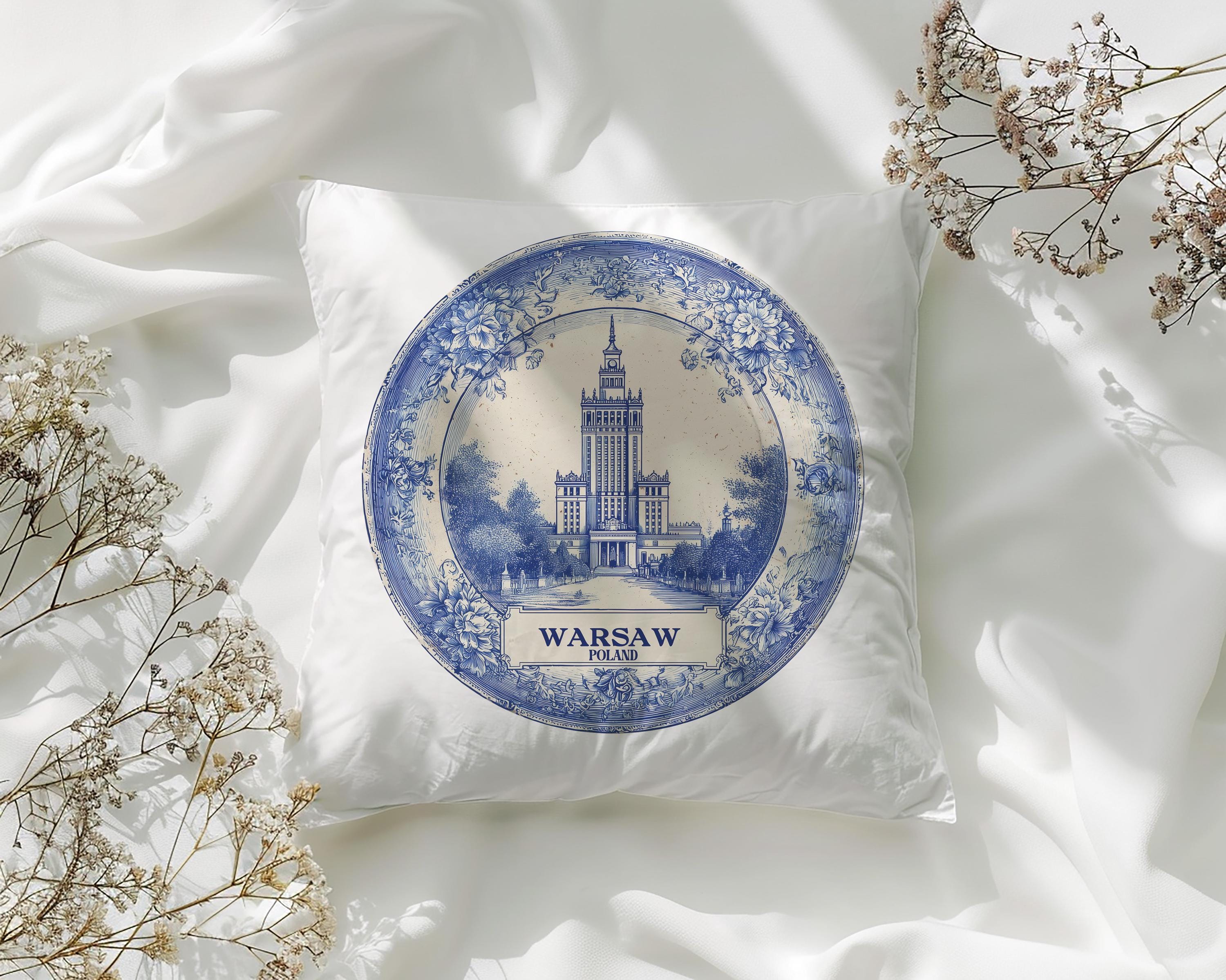Warsaw Poland Pillowcase, Delft Style Decorative Throw Pillow, Vintage Cityscape Retro Home Decor