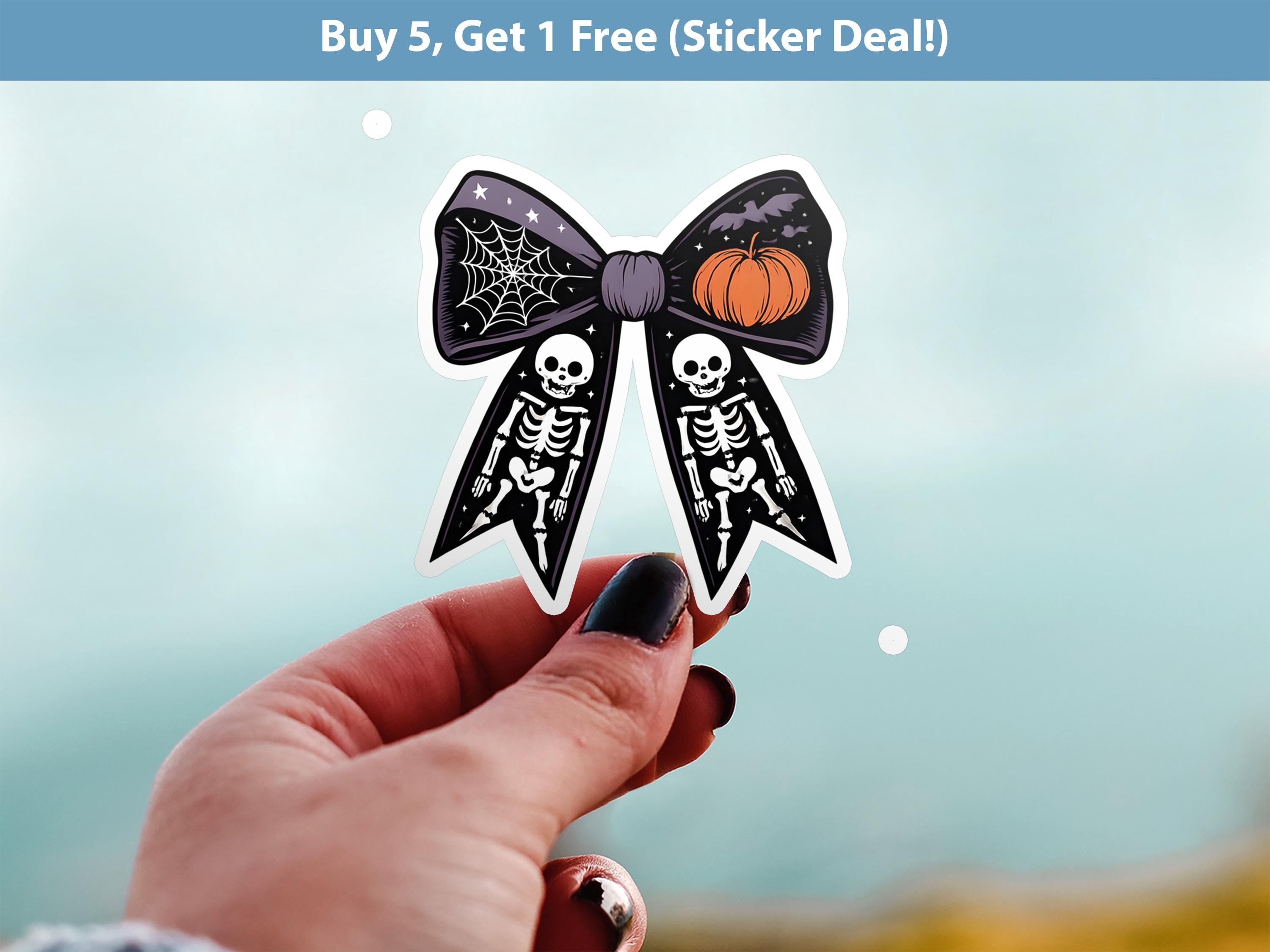 Spooky Bow Sticker, Halloween Skeleton Pumpkin Ghost Decal, Cute Black Vintage Aesthetic Gift Sticker,