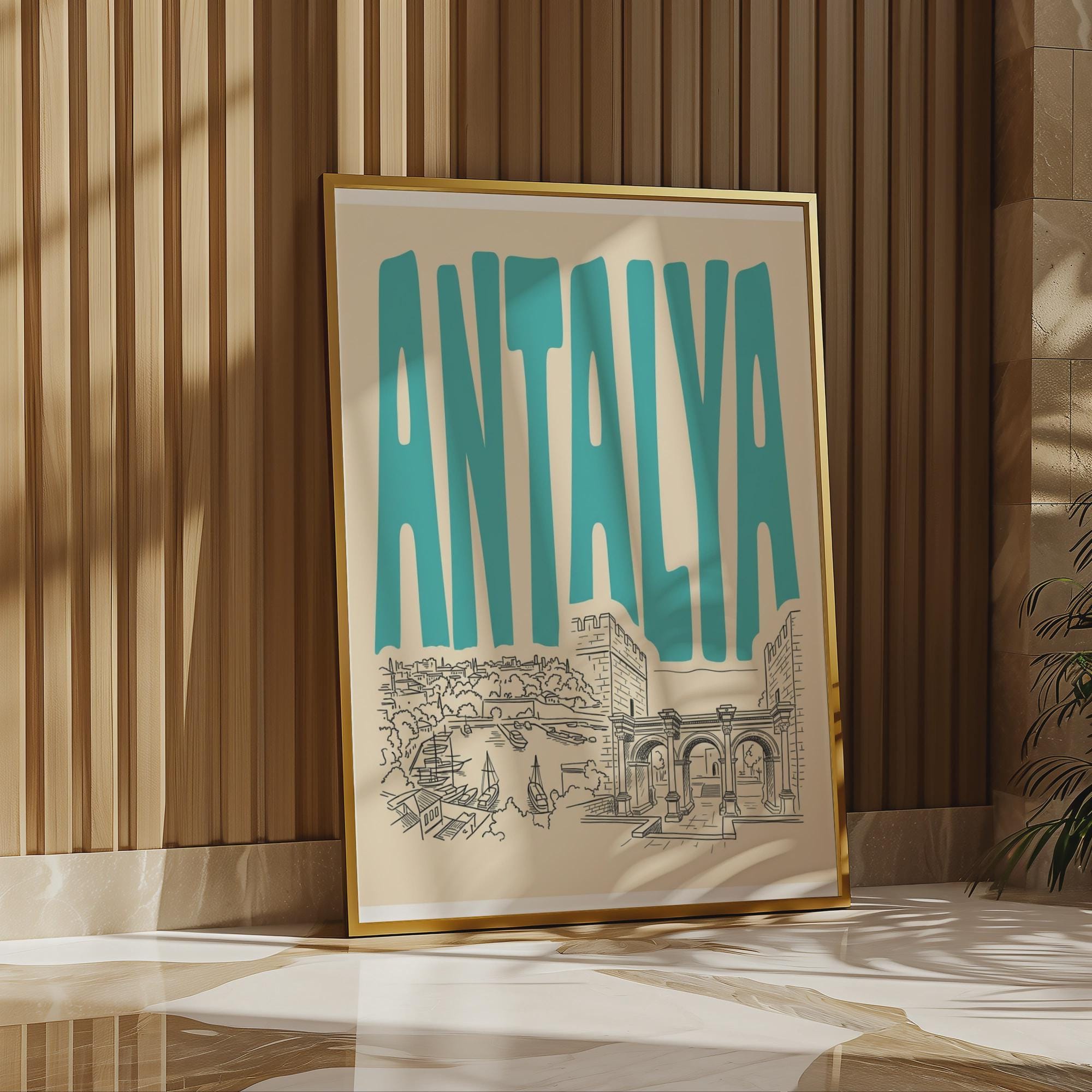 Antalya Turkey Wall Art, Retro Travel Poster, Framed Canvas Print
