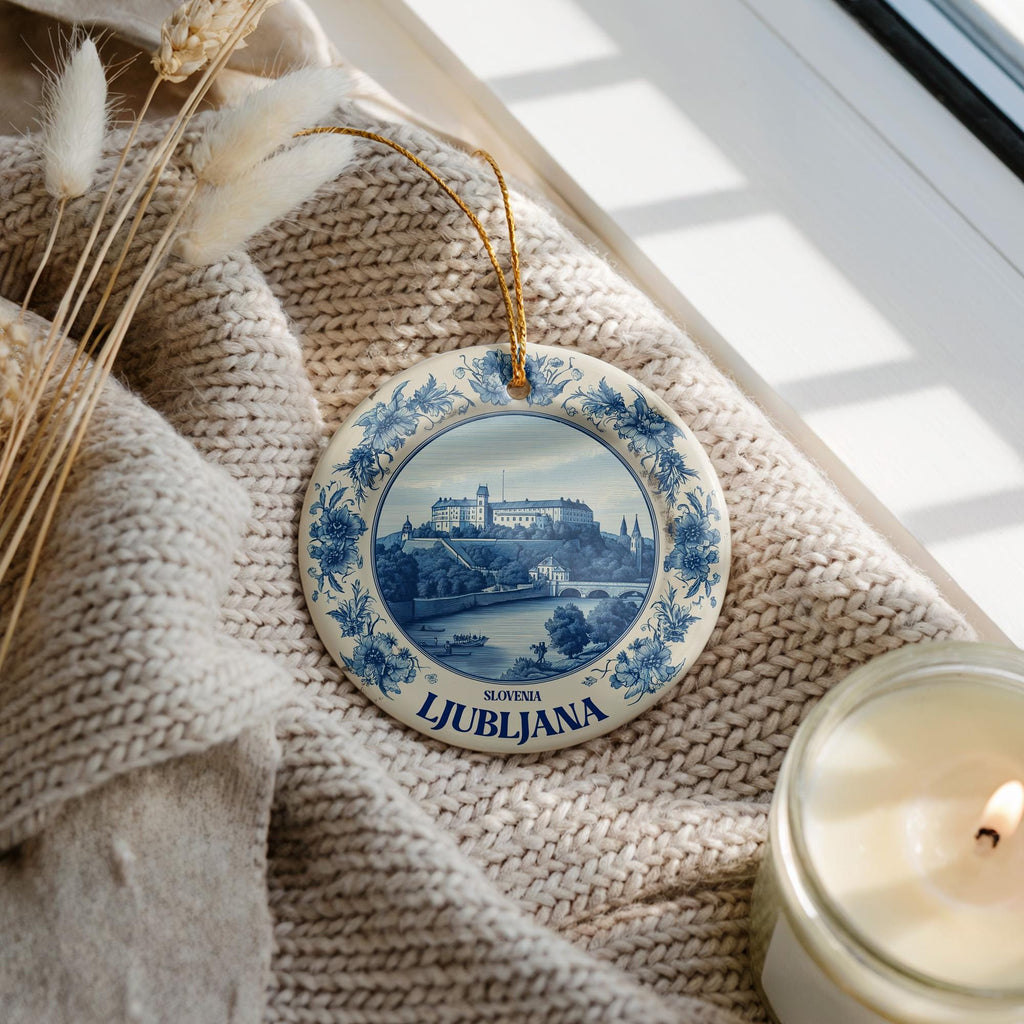 Custom Ljubljana Slovenia Ceramic Delft Ornament, Christmas Delftware Blue Delftware city travel