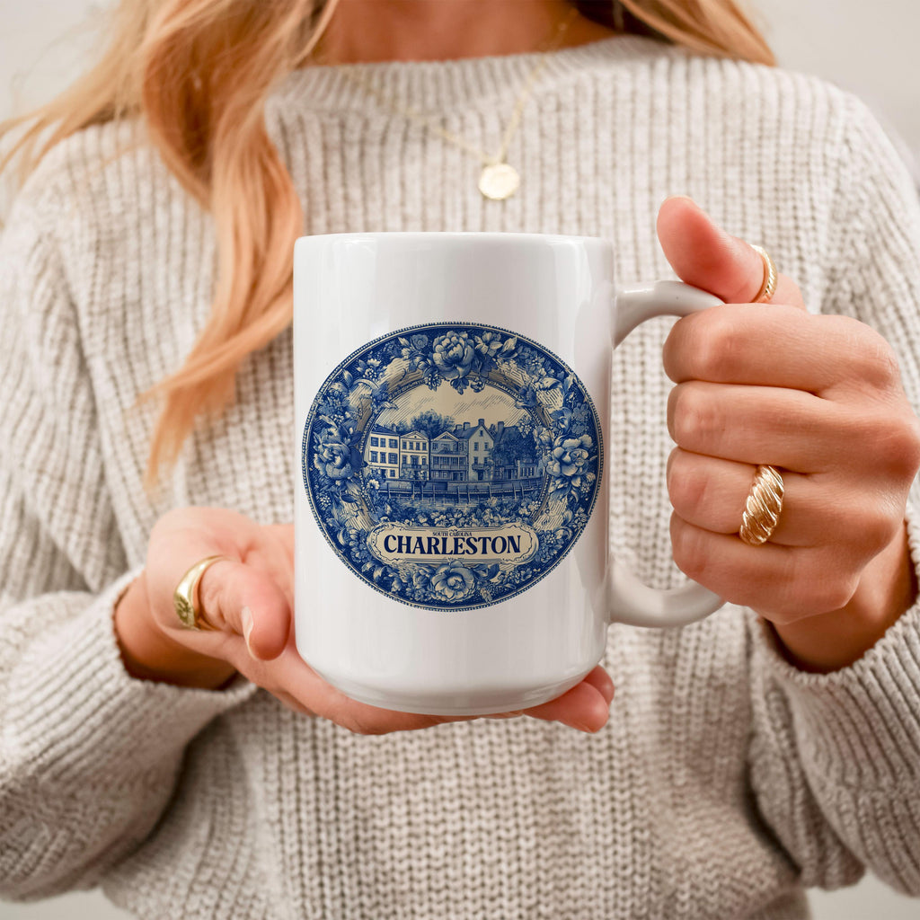 Charleston South Carolina Mug, Custom Delft Style cup, Personalized Vintage Travel City Gift