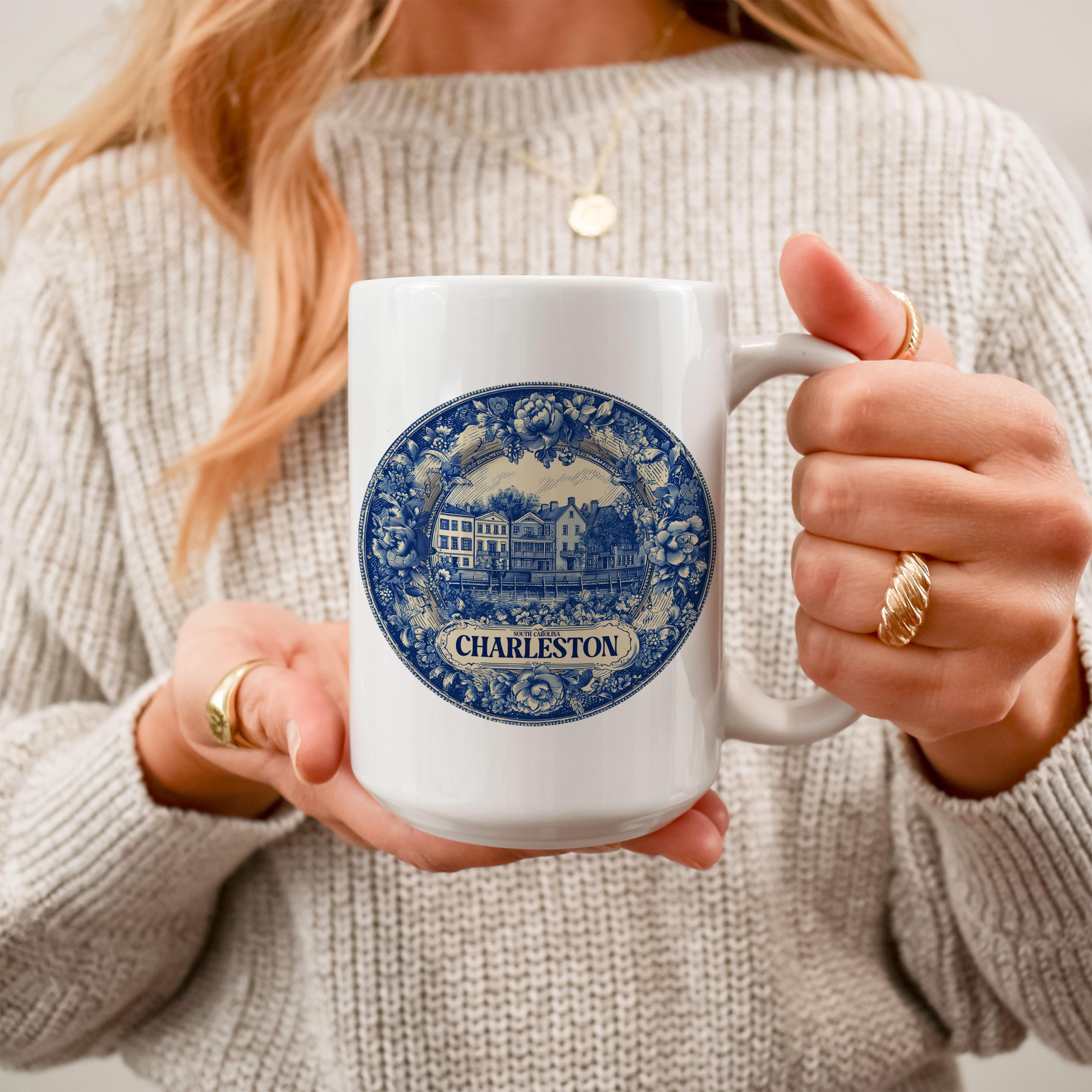 Charleston South Carolina Mug, Custom Delft Style cup, Personalized Vintage Travel City Gift