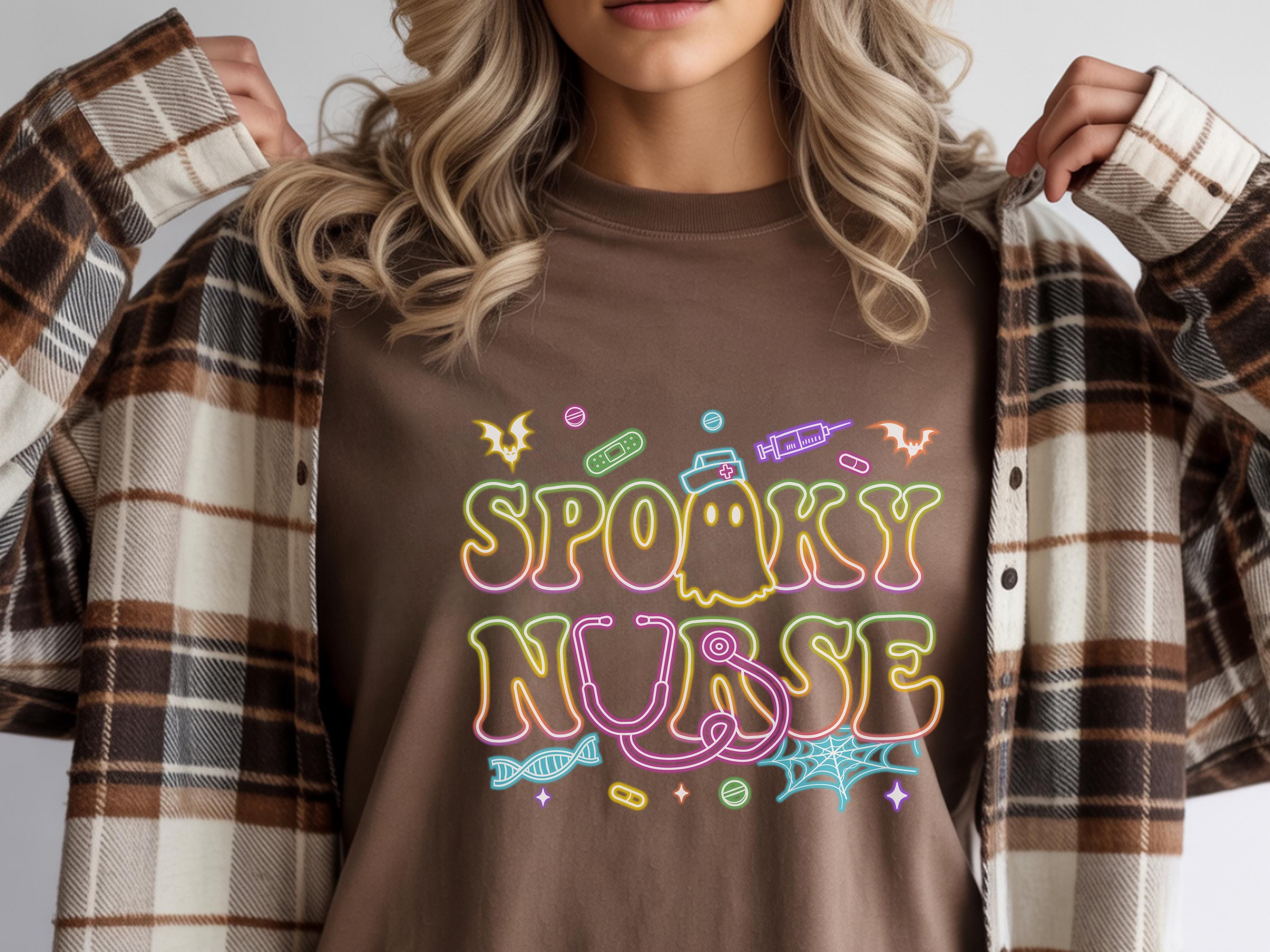 Spooky Nurse Halloween Shirt, Cute Ghost Fall Top with Flowers, Cozy Autumn Pullover, Funny Retro Spooky Season Apparel, Gift for Her