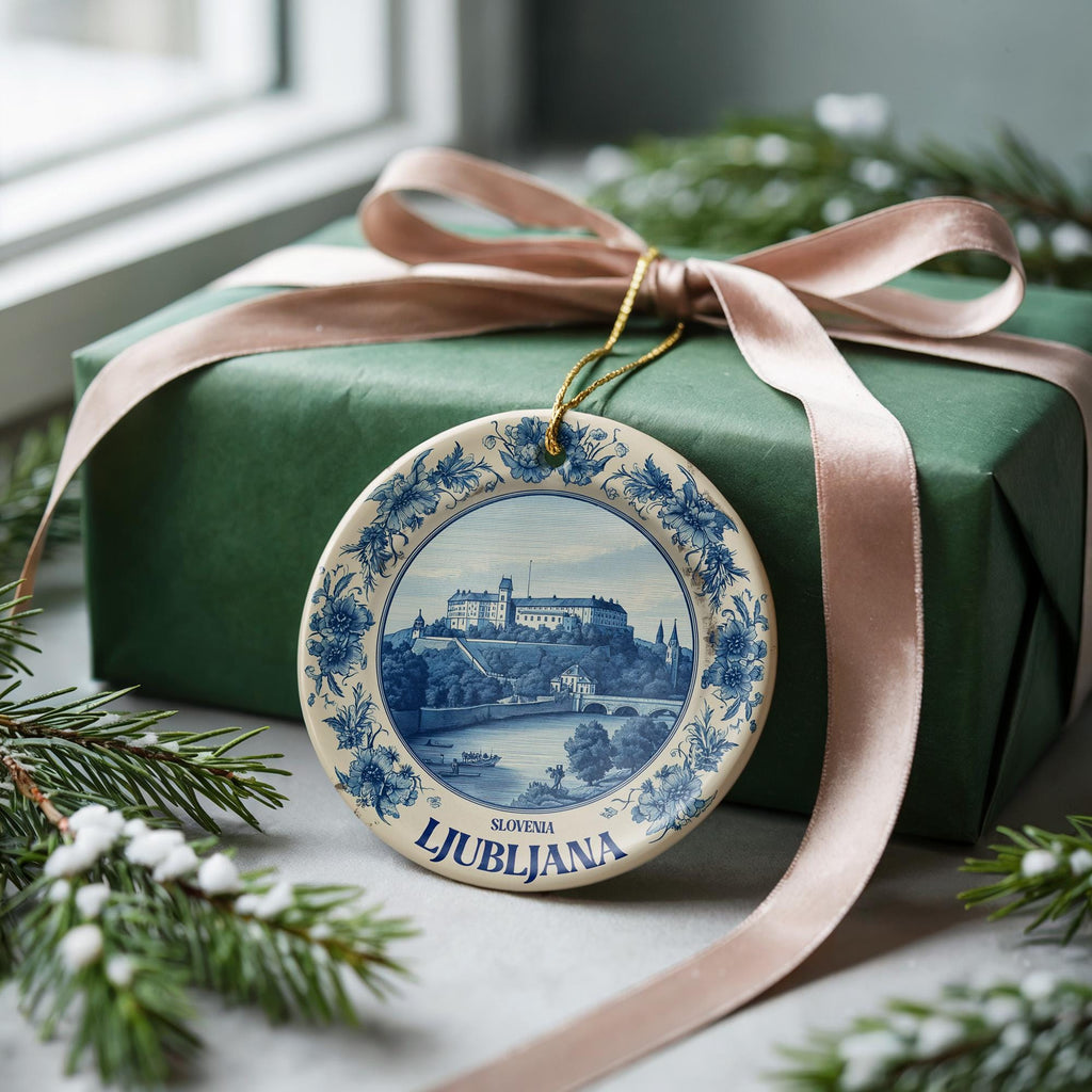 Custom Ljubljana Slovenia Ceramic Delft Ornament, Christmas Delftware Blue Delftware city travel