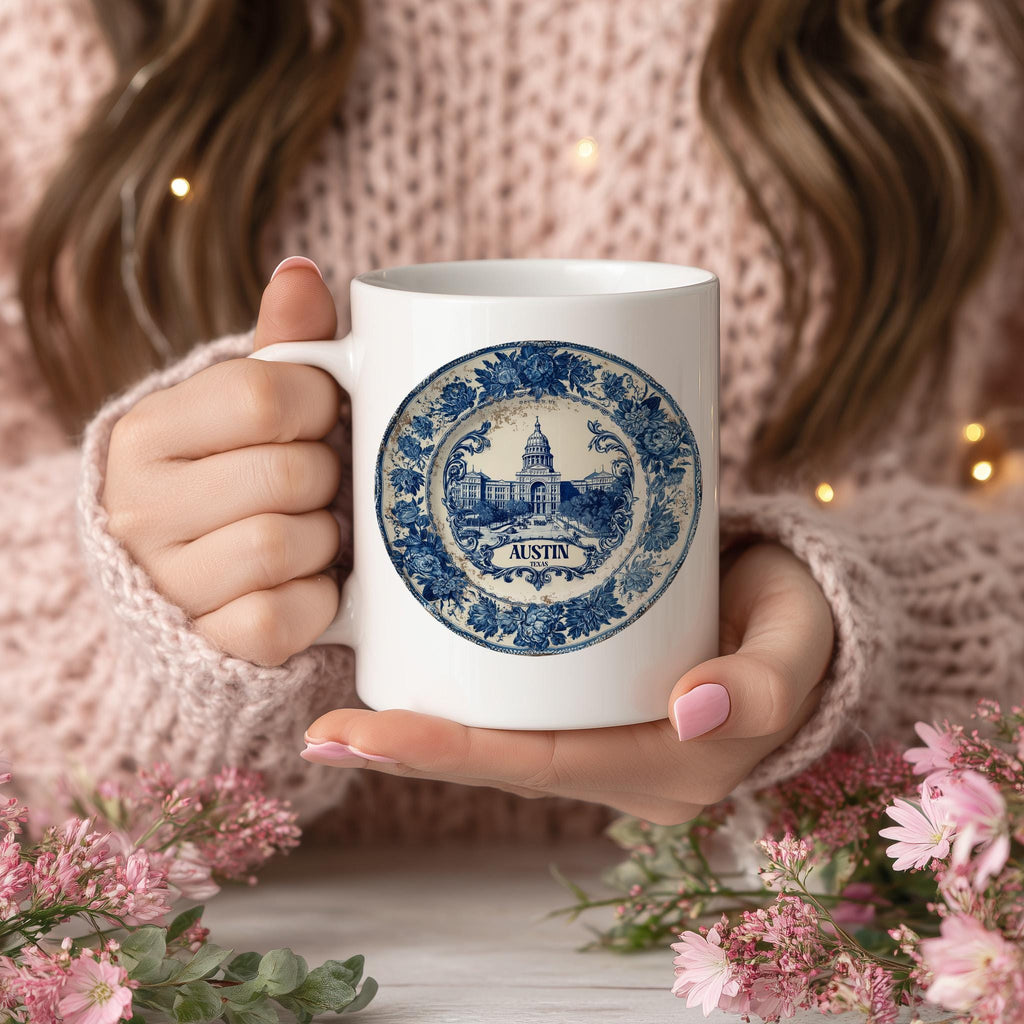 Austin Texas Mug, Custom Delft Style cup, Personalized Vintage Travel City Gift
