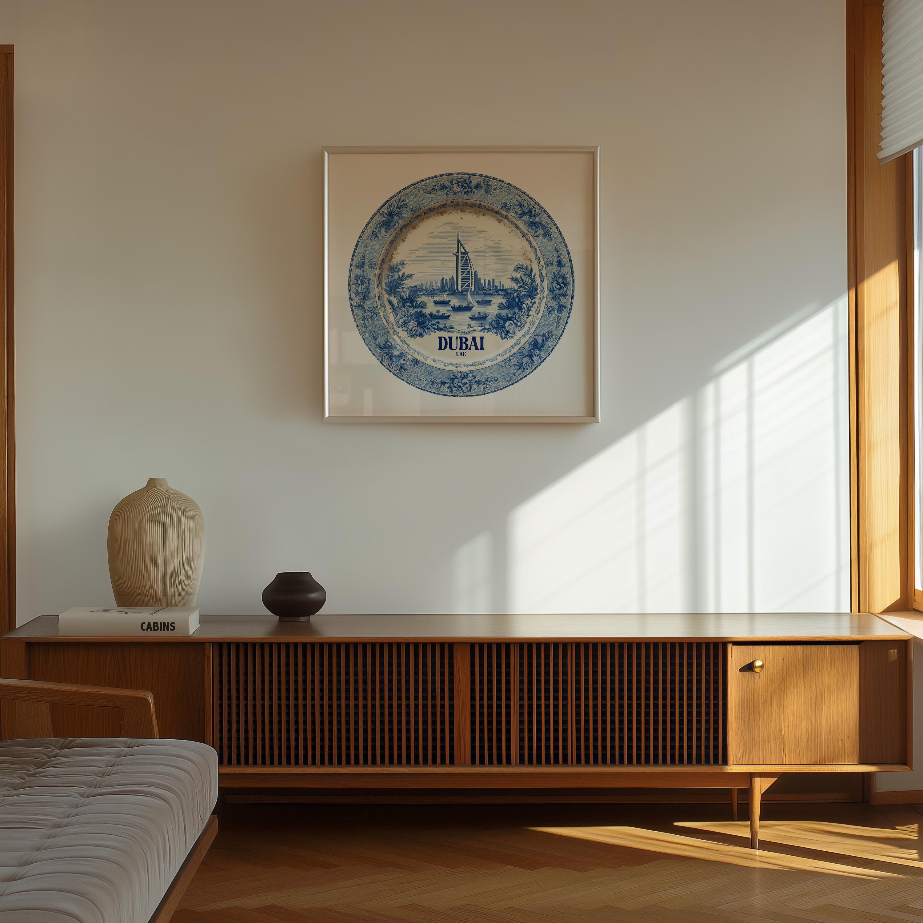 Dubai UAE Wall Art, Vintage Delft Blue Poster, City Print, Travel Home Decor