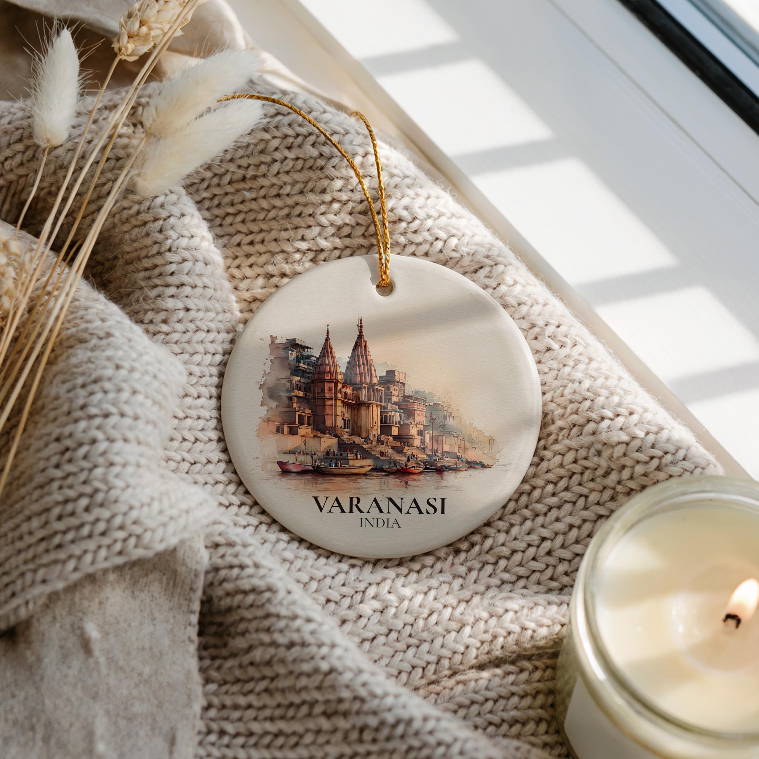 Varanasi India Personalized Watercolor Ornament, Custom Ceramic Christmas gift, Travel Keepsake