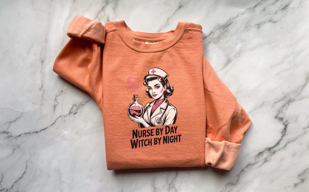 Nurse by Day Witch by Night Halloween Nurse Sweatshirt, Spooky RN Fall Top Cozy Autumn Pullover, Cute Retro Gift for Nurse