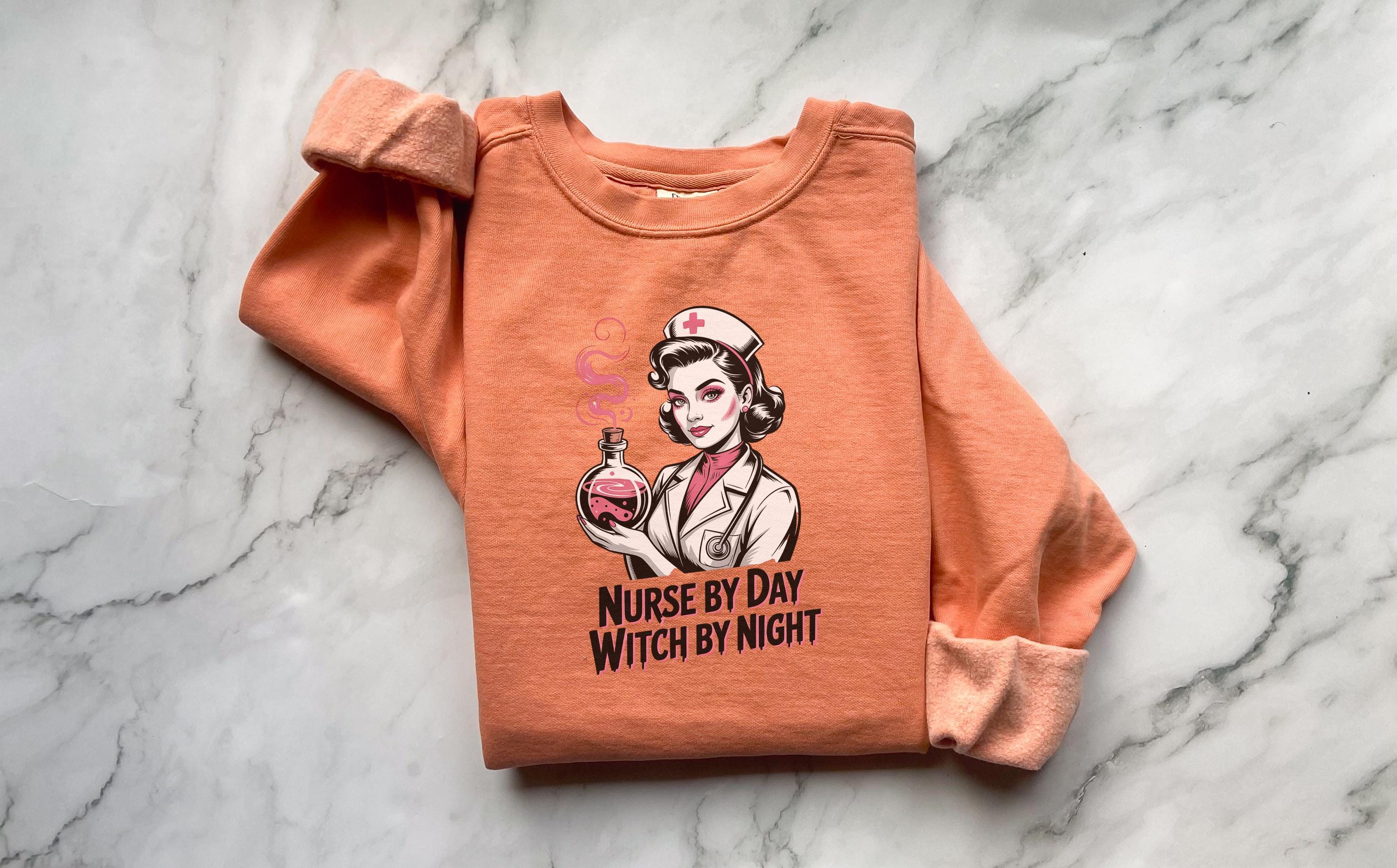 Nurse by Day Witch by Night Halloween Nurse Sweatshirt, Spooky RN Fall Top Cozy Autumn Pullover, Cute Retro Gift for Nurse