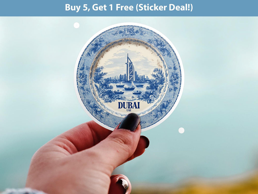 Dubai UAE Sticker Vintage Delft style, Delftware Decal Waterproof Vinyl, Blue City Travel