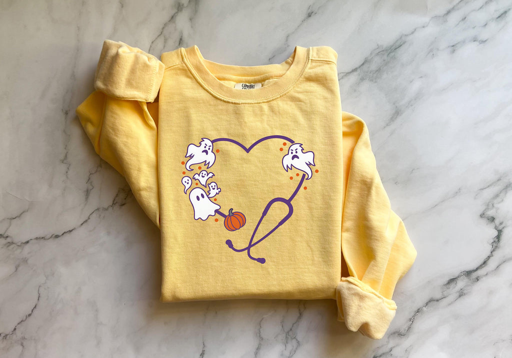 Halloween Nurse Sweatshirt, Ghost & stethoscope Spooky RN Fall Top, Cozy Autumn Pullover, Cute Retro Gift for Nurse