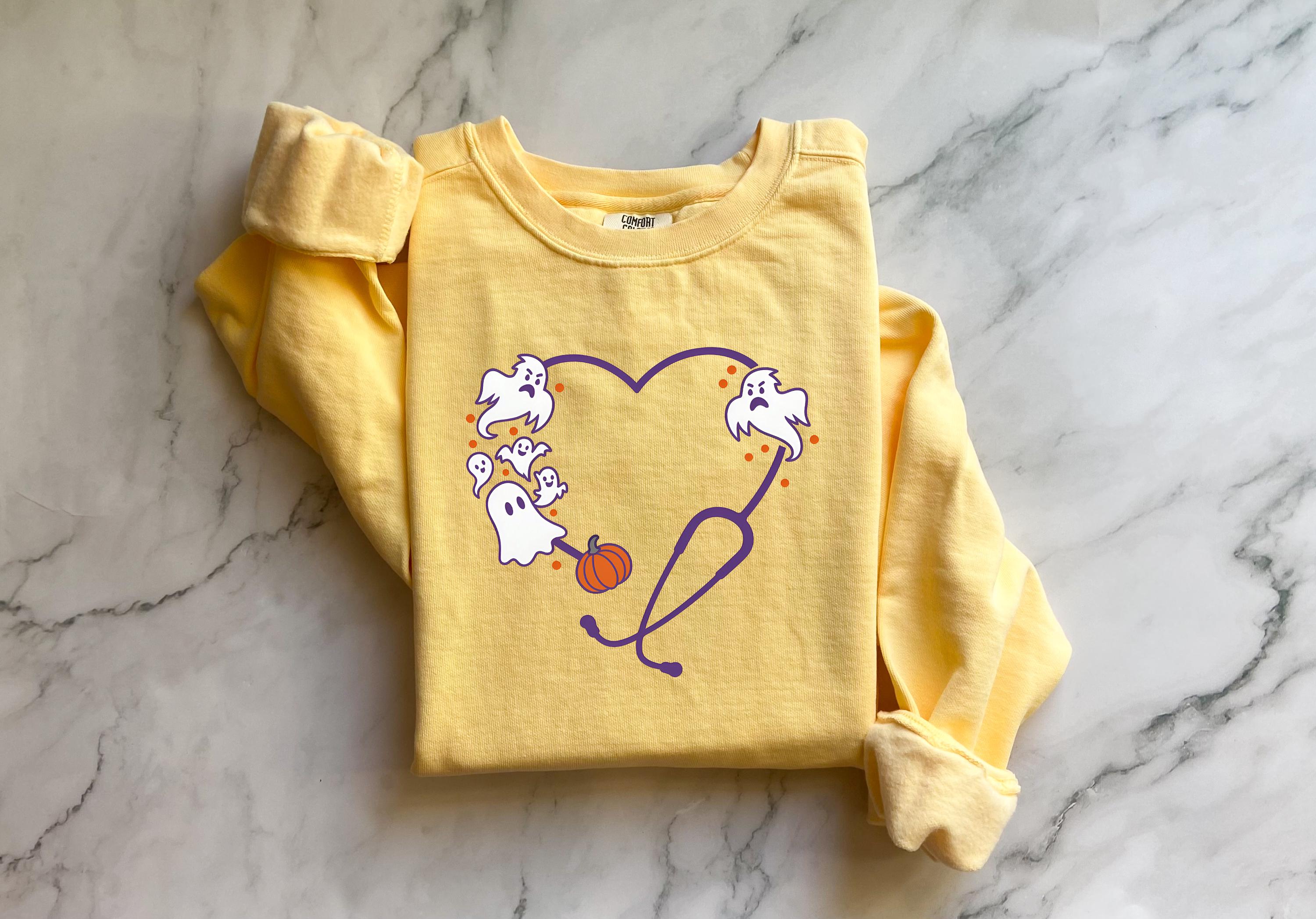 Halloween Nurse Sweatshirt, Ghost & stethoscope Spooky RN Fall Top, Cozy Autumn Pullover, Cute Retro Gift for Nurse