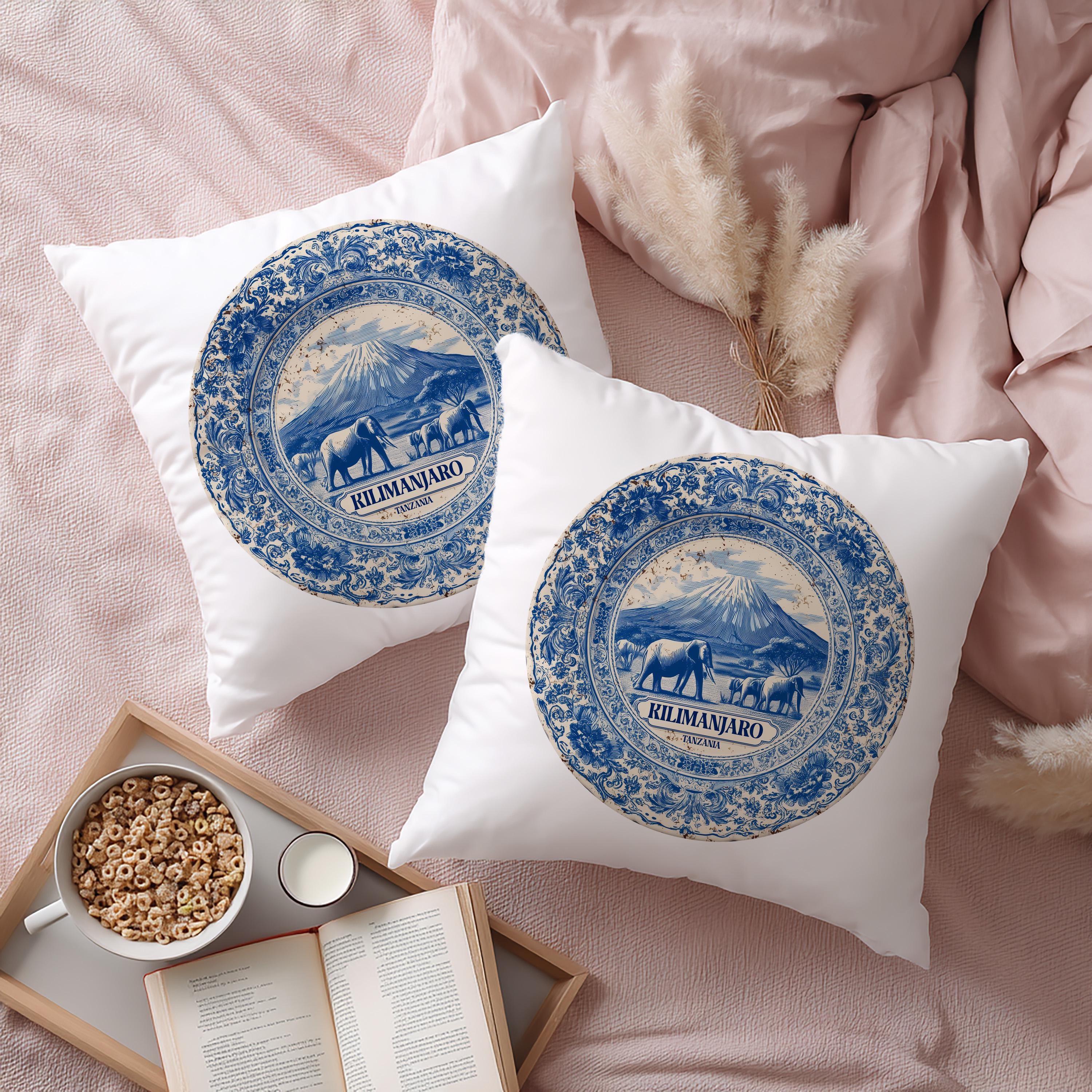 Kilimanjaro Tanzania Pillowcase, Delft Style Decorative Throw Pillow, Vintage Cityscape Retro Home Decor