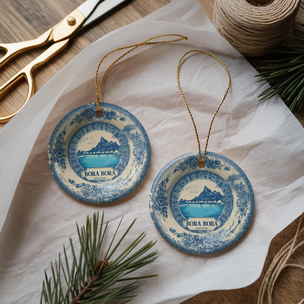 Custom Bora Bora Delftware Ceramic Ornament: French Polynesia Travel Keepsake