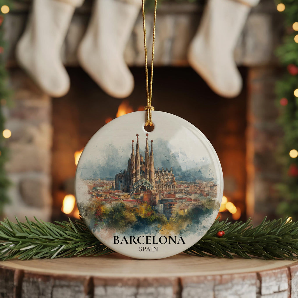 Barcelona Spain Personalized Watercolor Ornament, Custom Ceramic Christmas gift, Travel Keepsake
