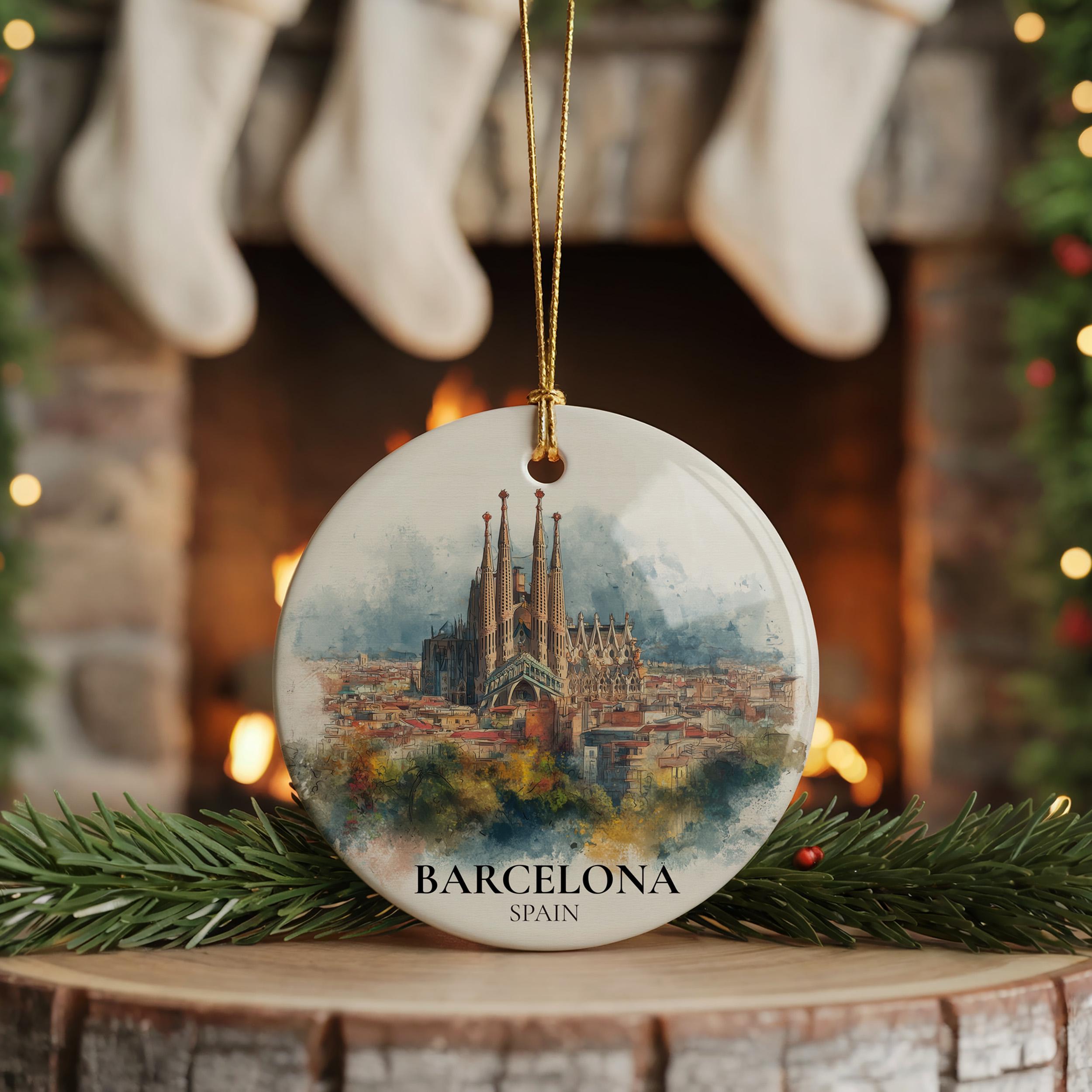 Barcelona Spain Personalized Watercolor Ornament, Custom Ceramic Christmas gift, Travel Keepsake