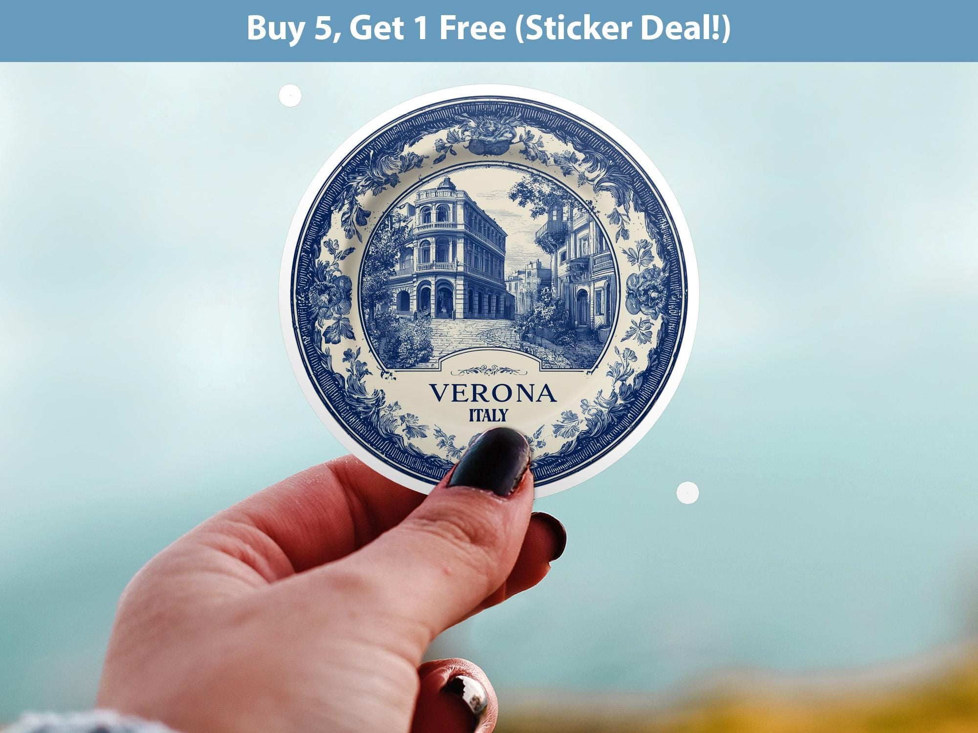 Verona Italy Sticker Vintage Delft style, Delftware Decal Waterproof Vinyl, Blue City Travel