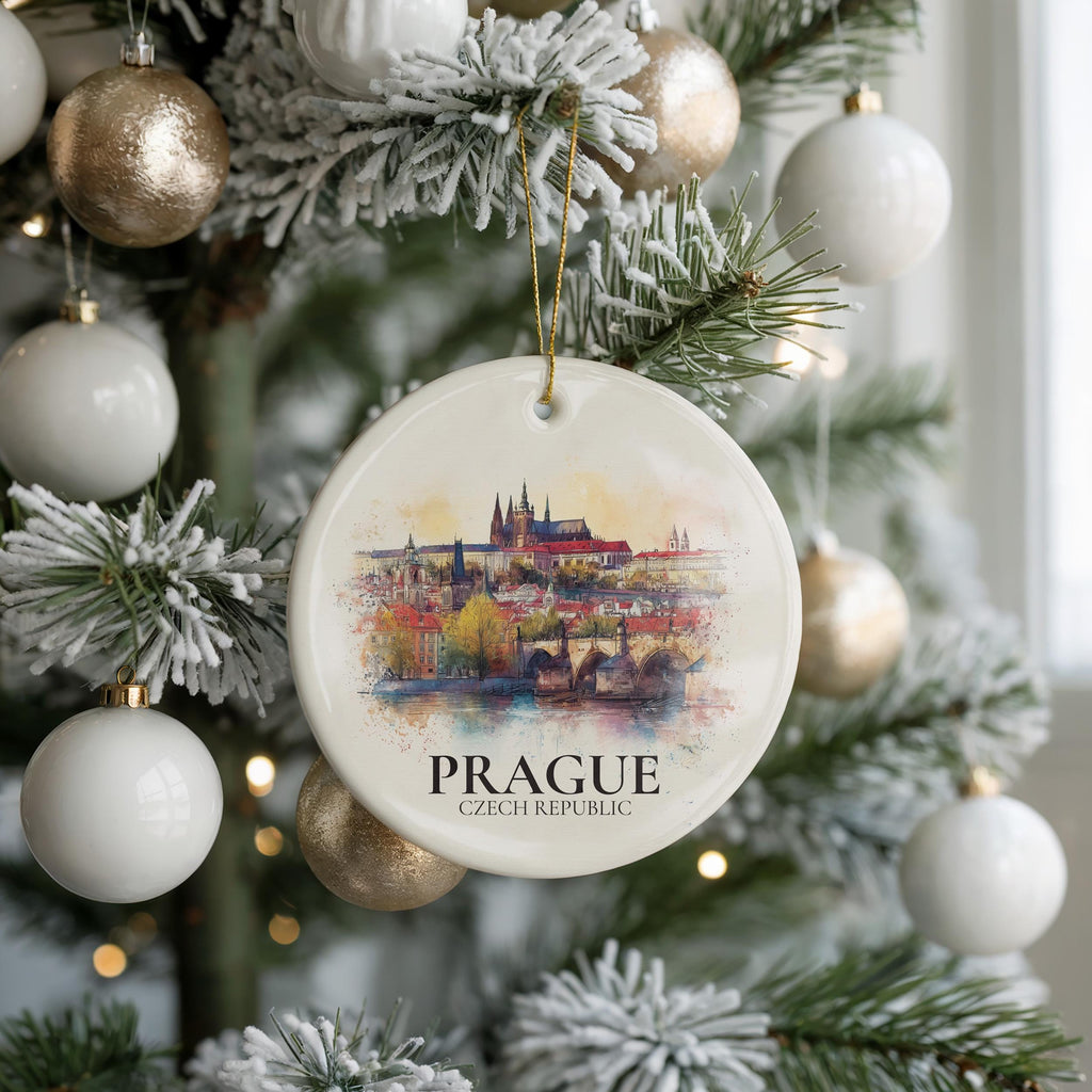 Prague Czech Republic Personalized Watercolor Ornament, Custom Ceramic Christmas gift, Travel Keepsake
