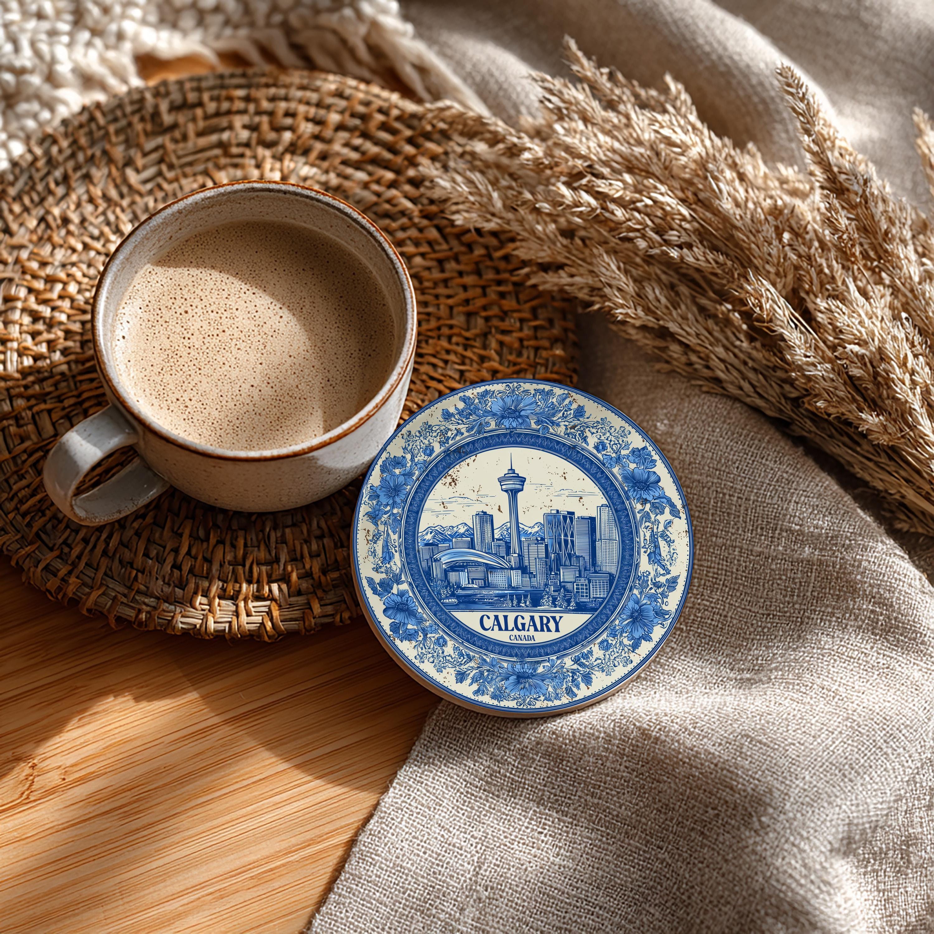 Calgary Canada Delftware Ceramic Coaster, Blue White Travel Gift, Vintage Home Decor Collectible
