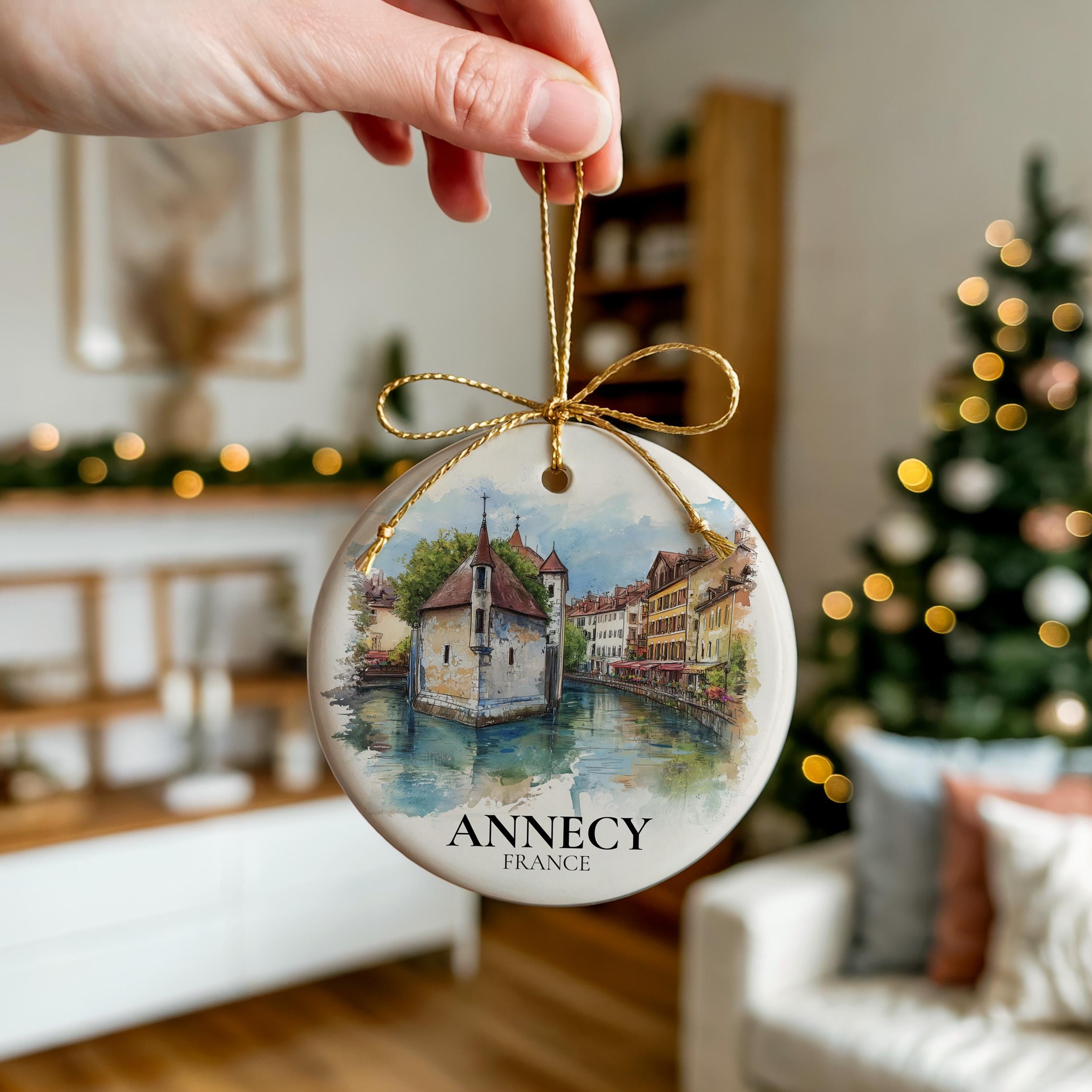 Annecy France Personalized Watercolor Ornament, Custom Ceramic Christmas gift, Travel Keepsake