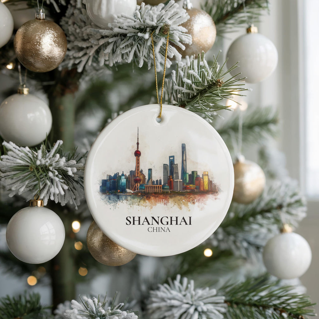Shanghai China Personalized Watercolor Ornament, Custom Ceramic Christmas gift, Travel Keepsake