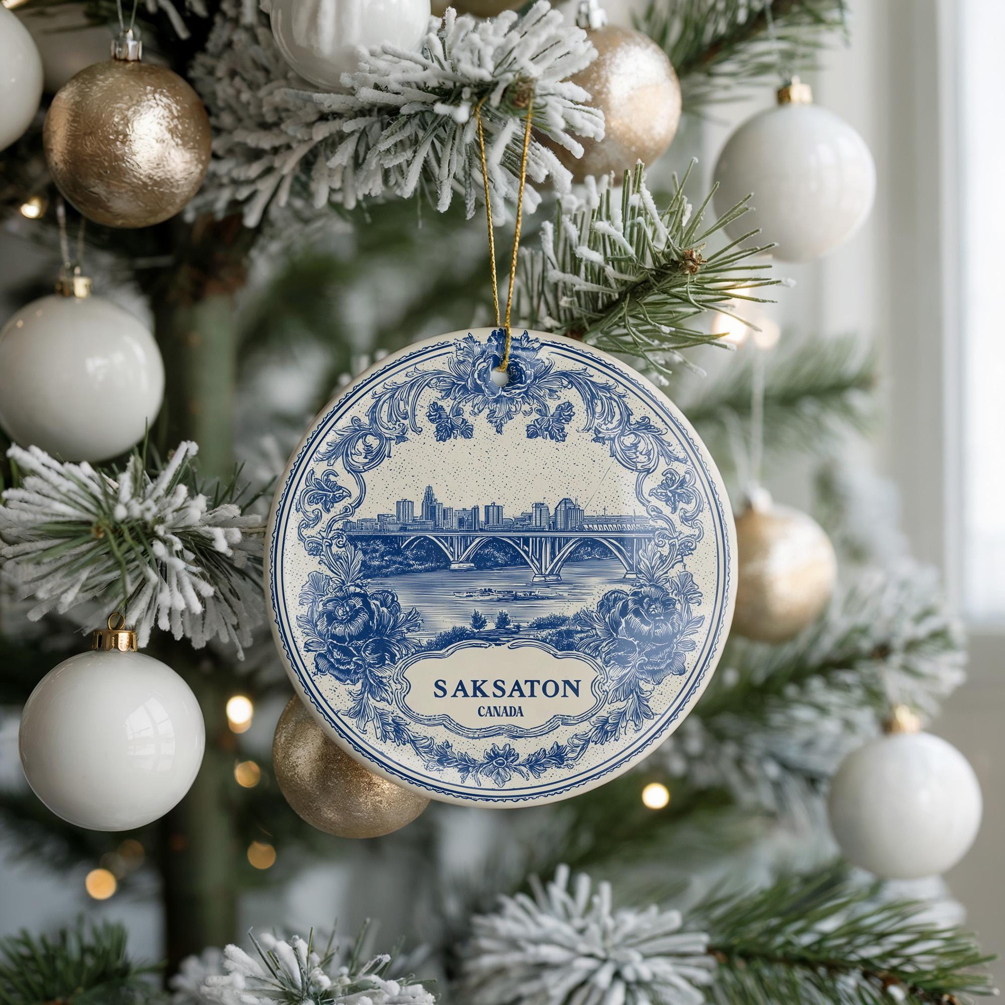 Custom Saskatoon Canada Ceramic Delft Ornament, Christmas Delftware Blue Delftware city travel