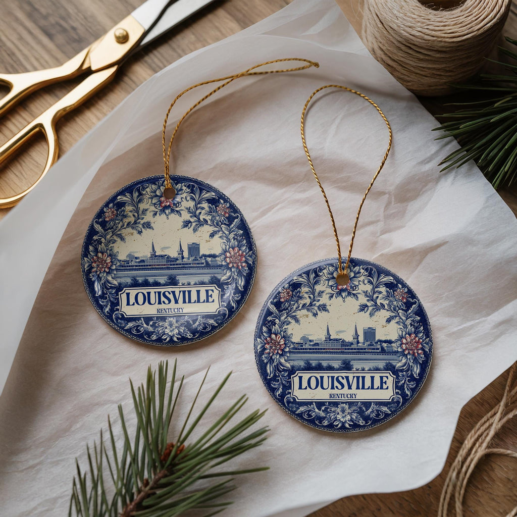 Custom Louisville Kentucky Ceramic Delft Ornament, Christmas Delftware Blue Delftware city travel