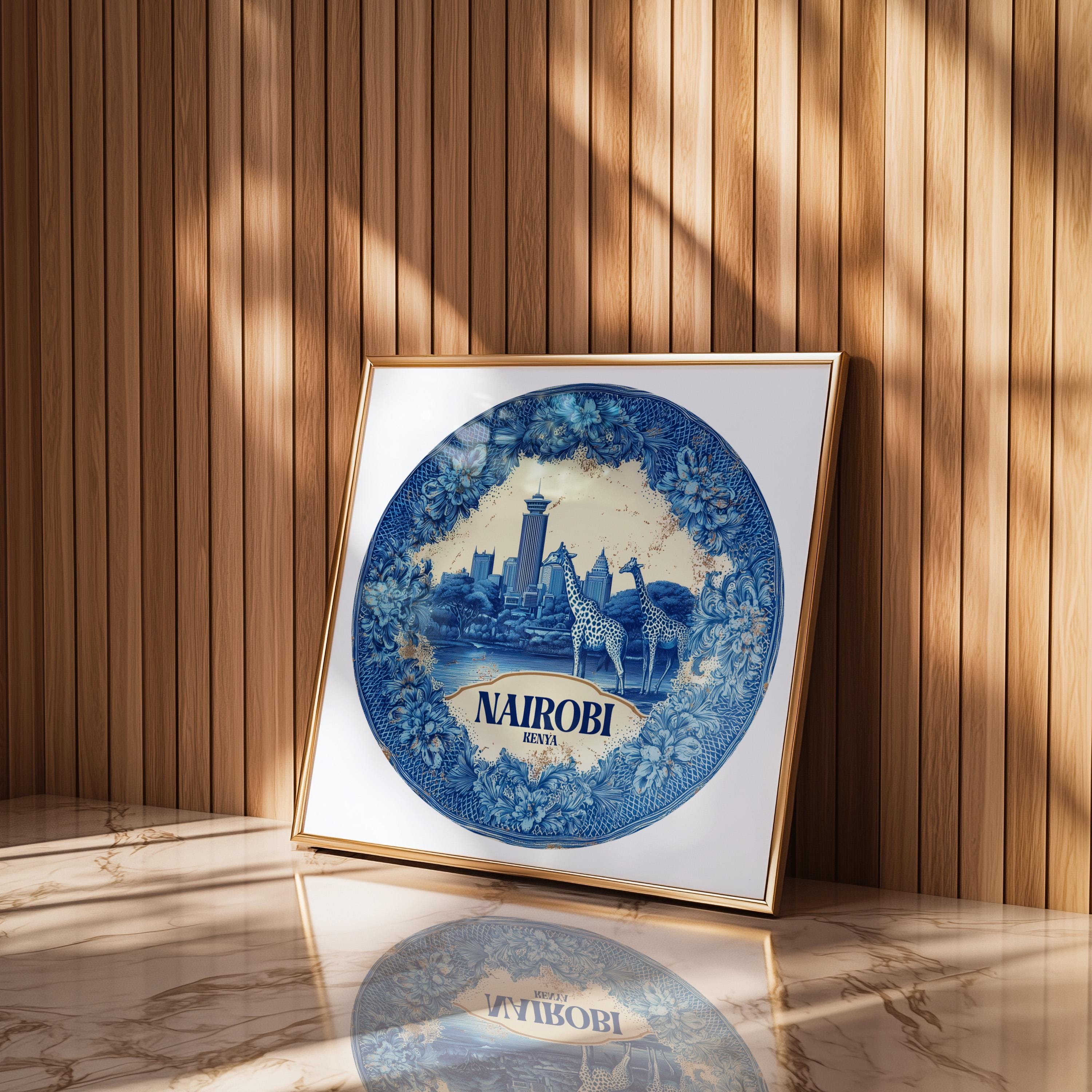Nairobi Kenya Wall Art, Vintage Delft Blue Poster, City Print, Travel Home Decor