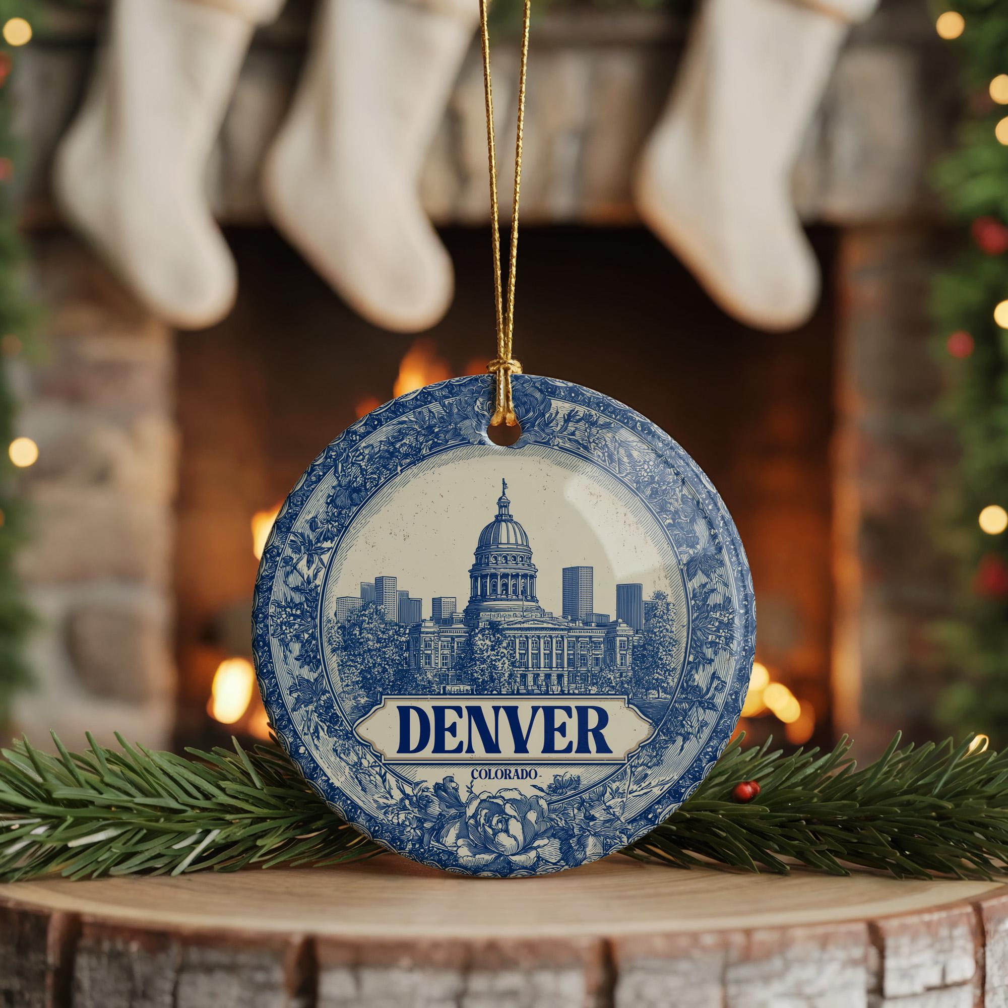 Custom Denver Colorado Ceramic Delft Ornament, Christmas Delftware Blue Delftware city travel