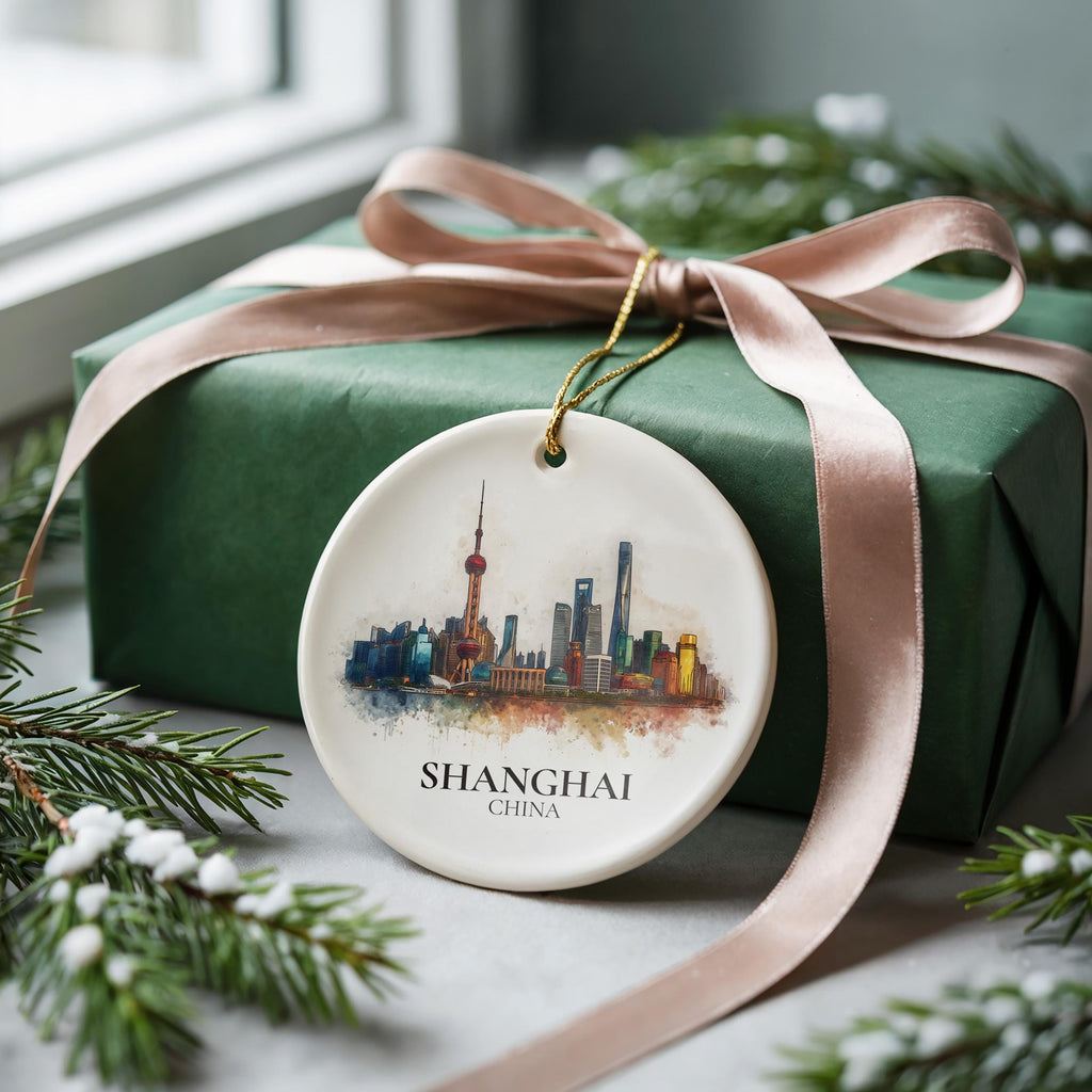Shanghai China Personalized Watercolor Ornament, Custom Ceramic Christmas gift, Travel Keepsake