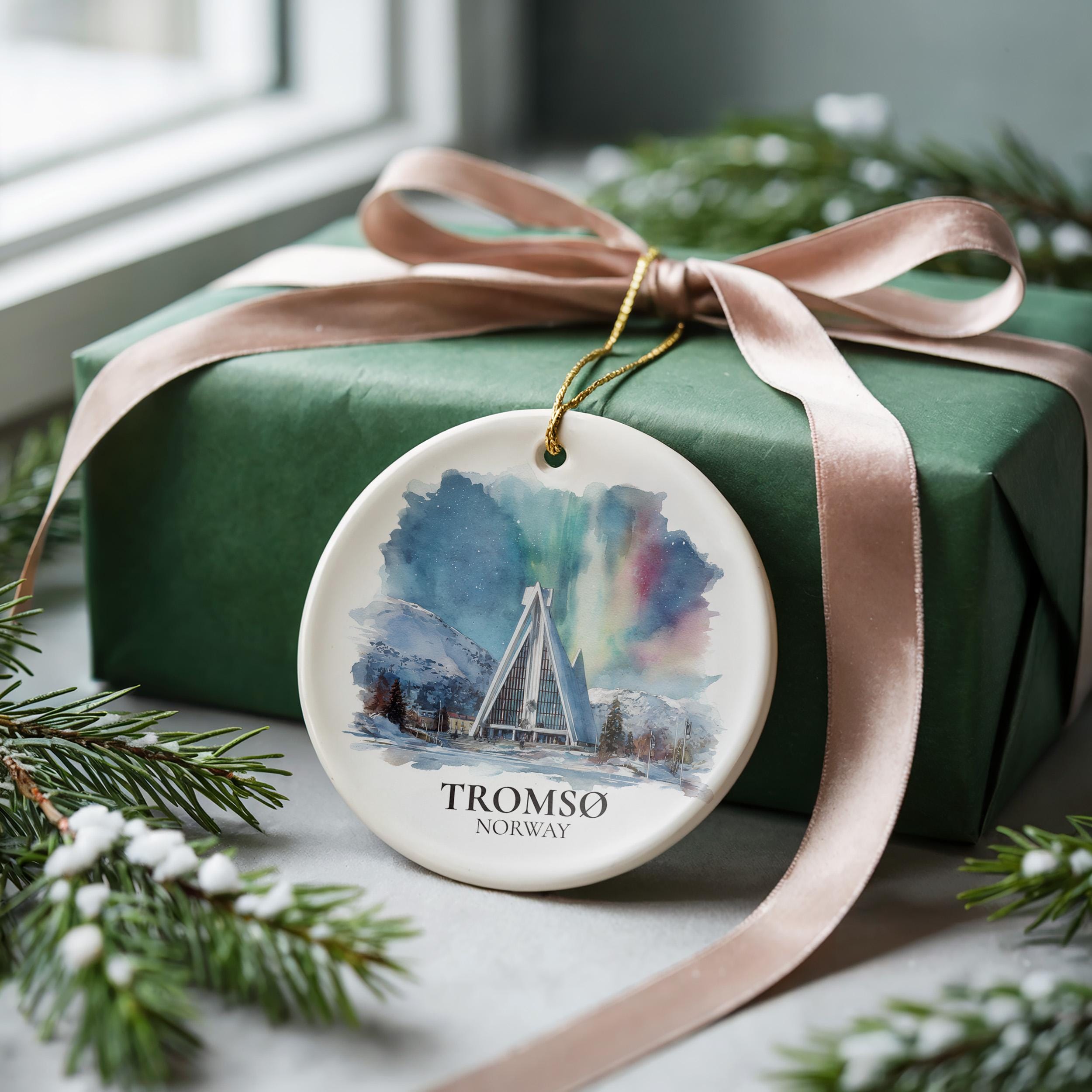 Tromso Norway Custom Watercolor Ornament, Personalized Ceramic Christmas gift, Travel Keepsake