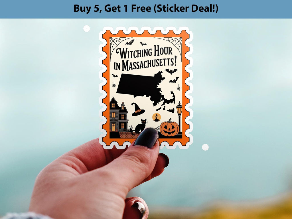 Massachusetts Stamp Halloween Sticker, Spooky USA Kiss-Cut Vinyl, Waterproof Decal, United States Travel