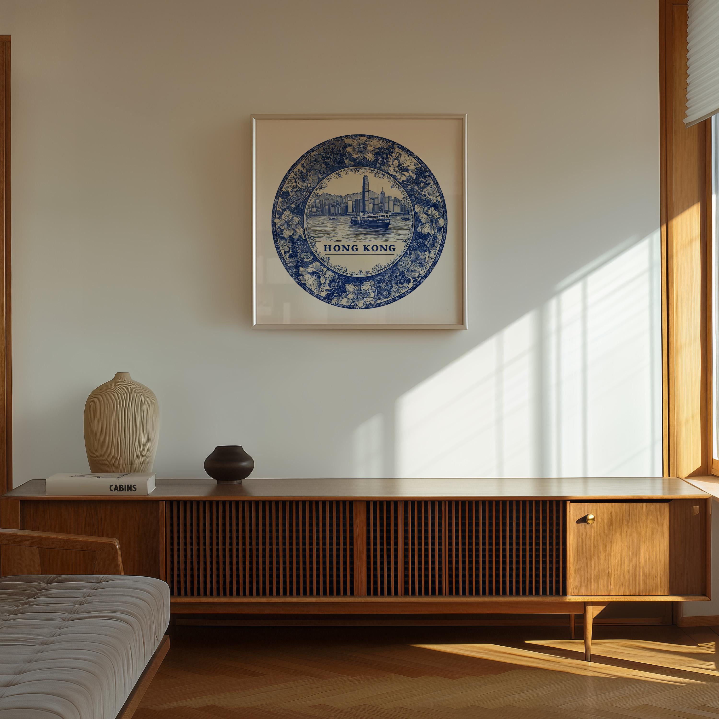 Hong Kong Wall Art, Vintage Delft Blue Poster, City Print, Travel Home Decor