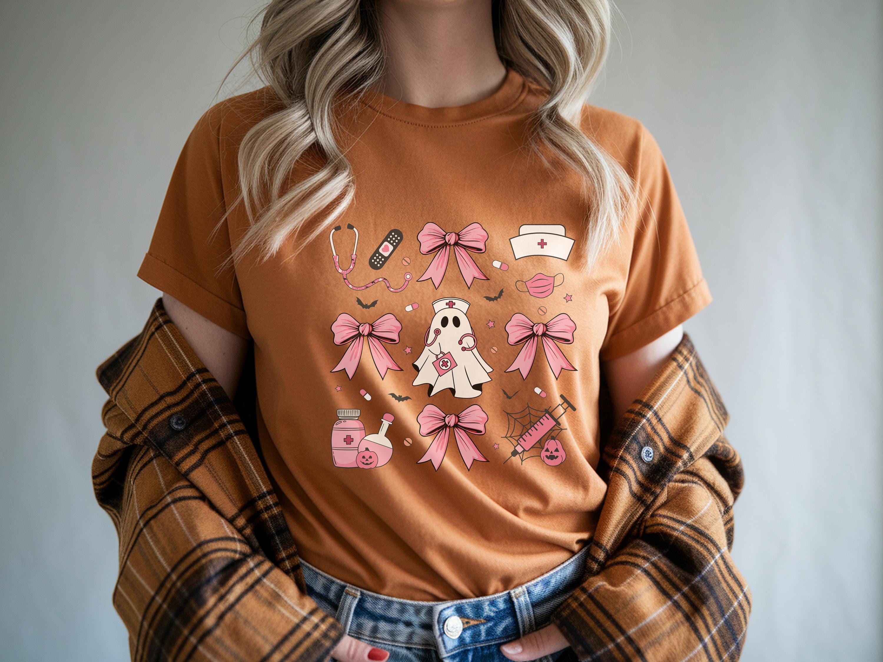 Cute Halloween Nurse Ghost Sweatshirt, Fall Medical Shirt with Leaves, Pumpkins, and Syringe, Spooky Season Gift for Healthcare Worker