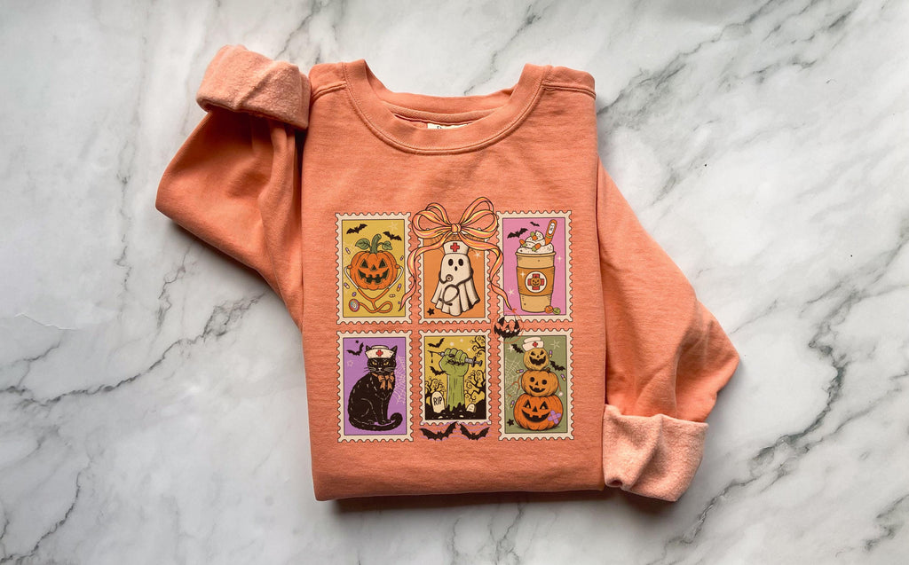 Halloween Tarot Card Sweatshirt, Witchy Nurse Fall Pullover with Pumpkin Cat Skeleton Prints, Spooky Vintage Top, Cozy Retro Gift