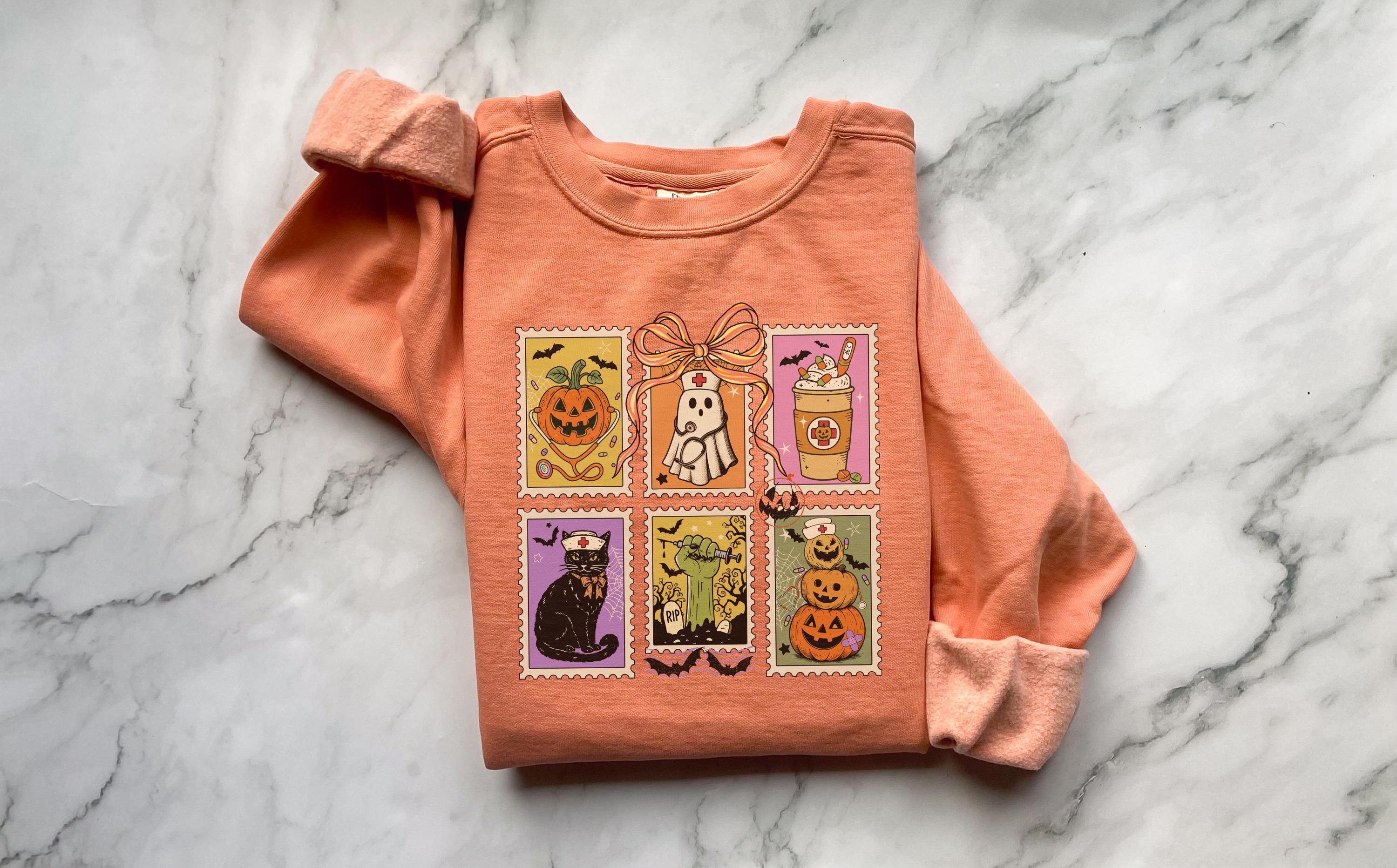 Halloween Tarot Card Sweatshirt, Witchy Nurse Fall Pullover with Pumpkin Cat Skeleton Prints, Spooky Vintage Top, Cozy Retro Gift