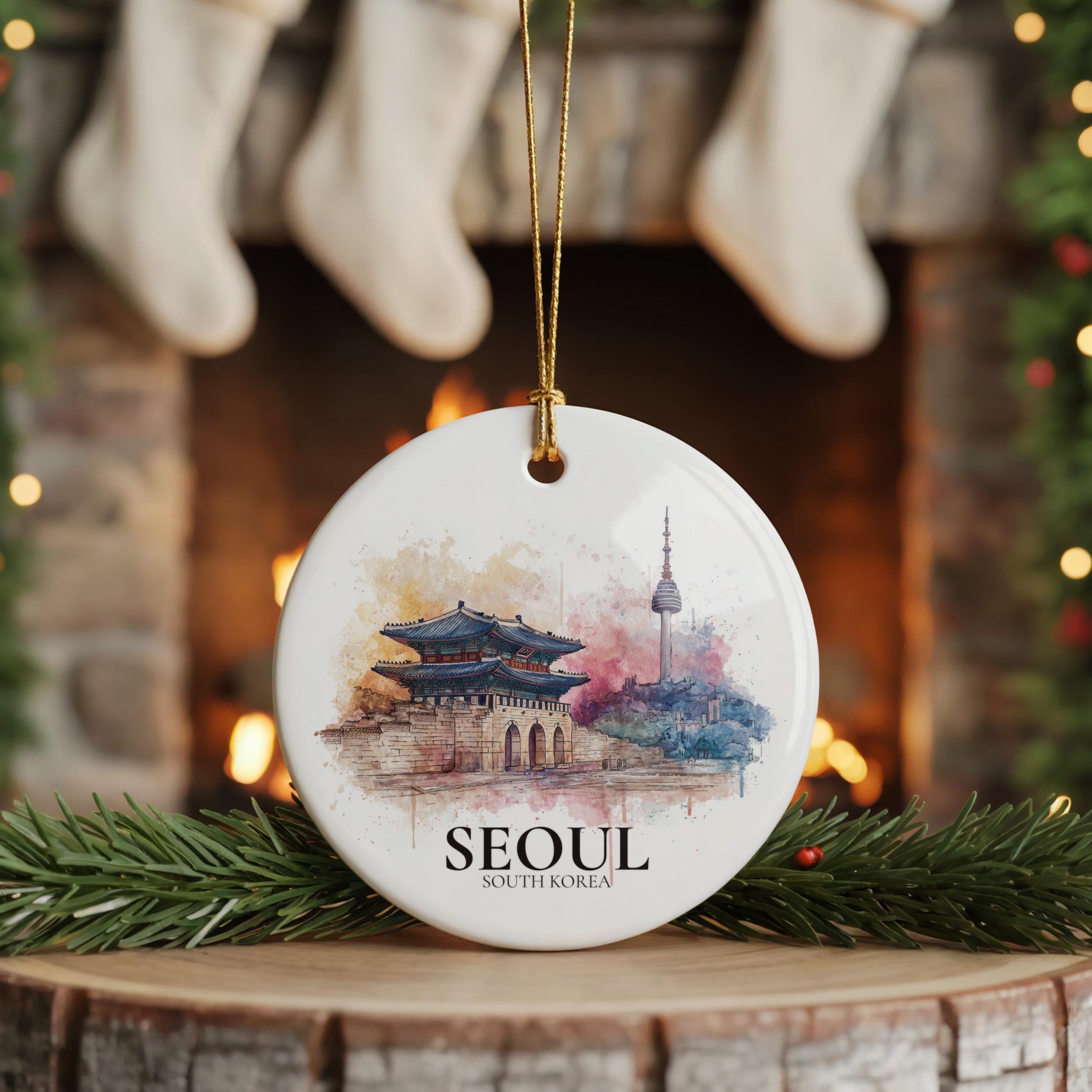 Seoul South Korea Personalized Watercolor Ornament, Custom Ceramic Christmas gift, Travel Keepsake