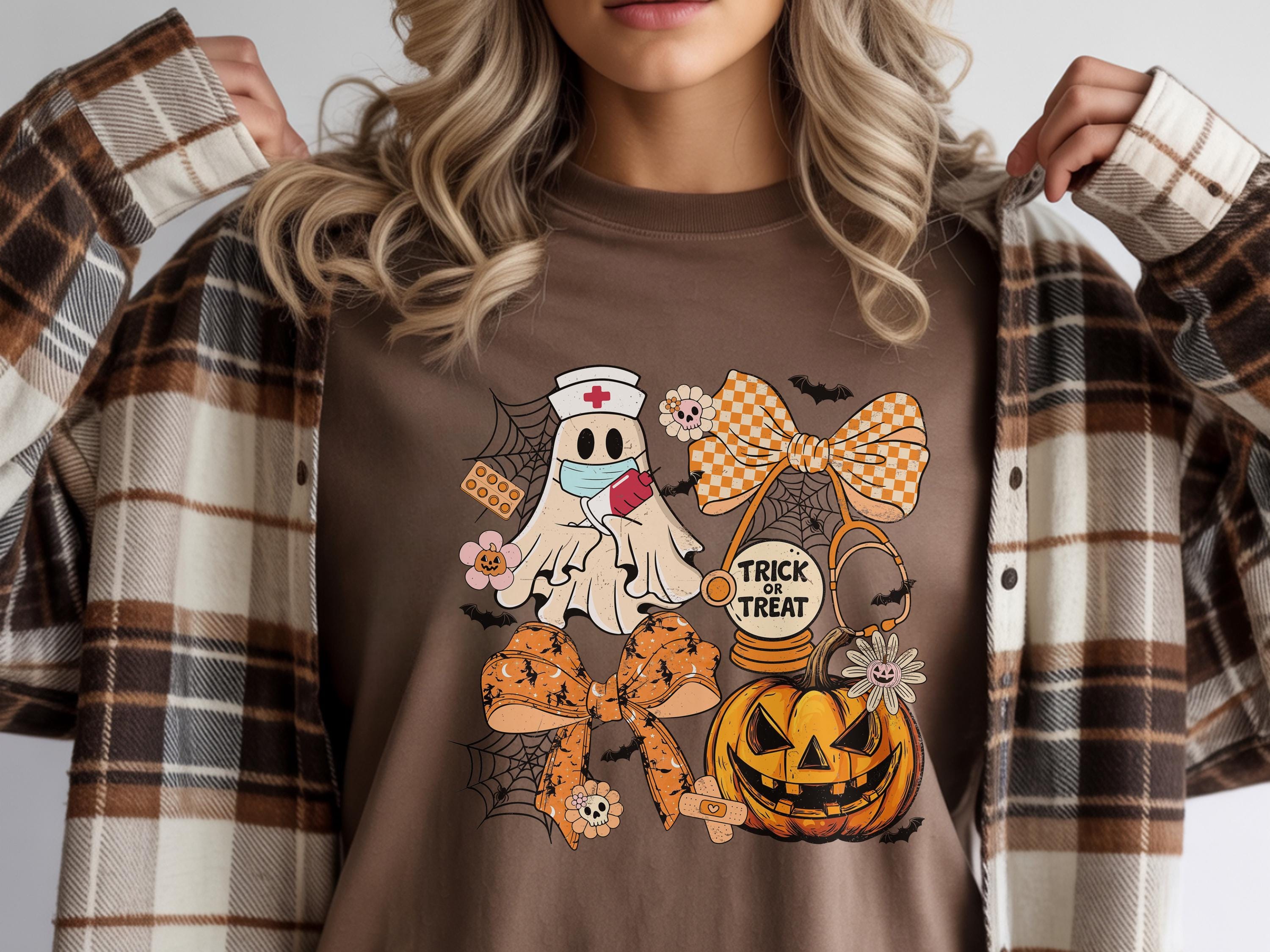 Retro Halloween Nurse Shirt, Cute Ghost Pumpkin RN Sweatshirt, Spooky Trick or Treat Medical Top, Vintage Fall Nurse Outfit, Gift for Nurse