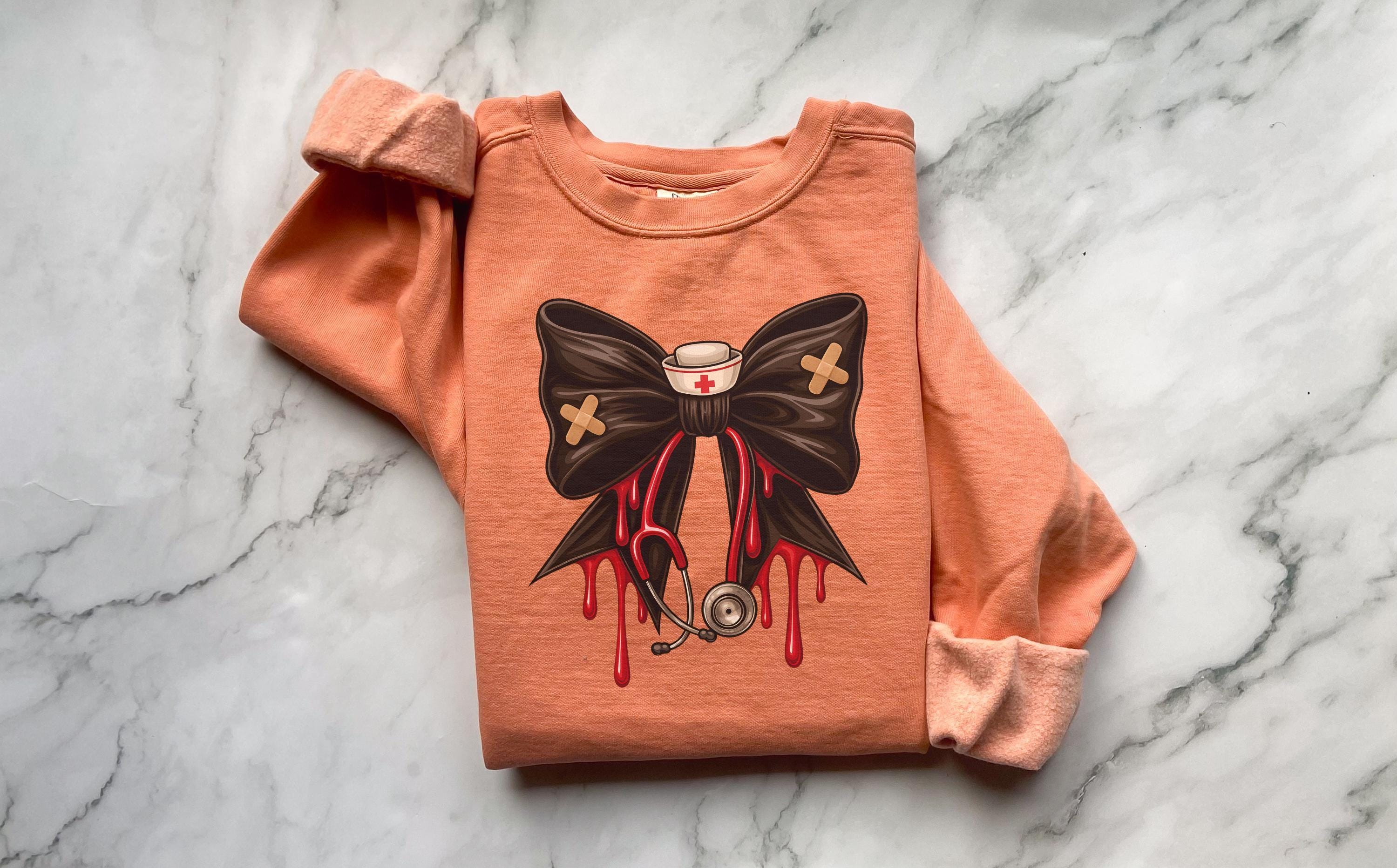 Spooky Nurse Bow Sweatshirt, Halloween Comfort Colors Crewneck, Creepy Cute RN Pullover with Blood Drip Bow, Nurse Gift for Fall
