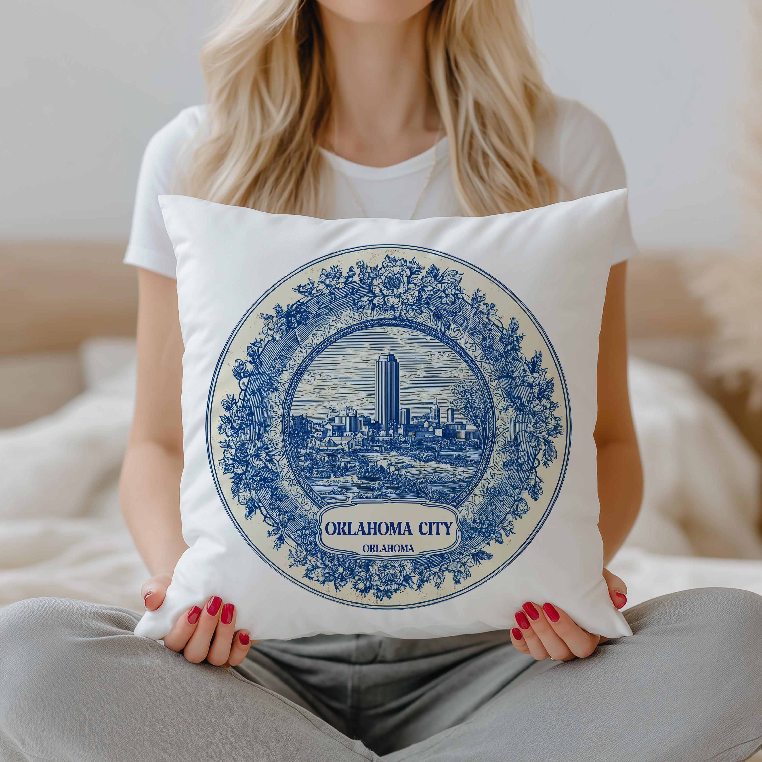 Oklahoma City Pillowcase, Delft Style Decorative Throw Pillow, Vintage Cityscape Retro Home Decor