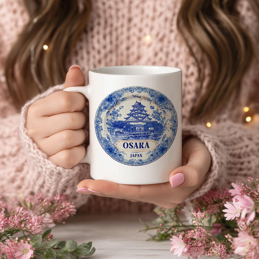 Osaka Japan Mug, Custom Delft Style cup, Personalized Vintage Travel City Gift