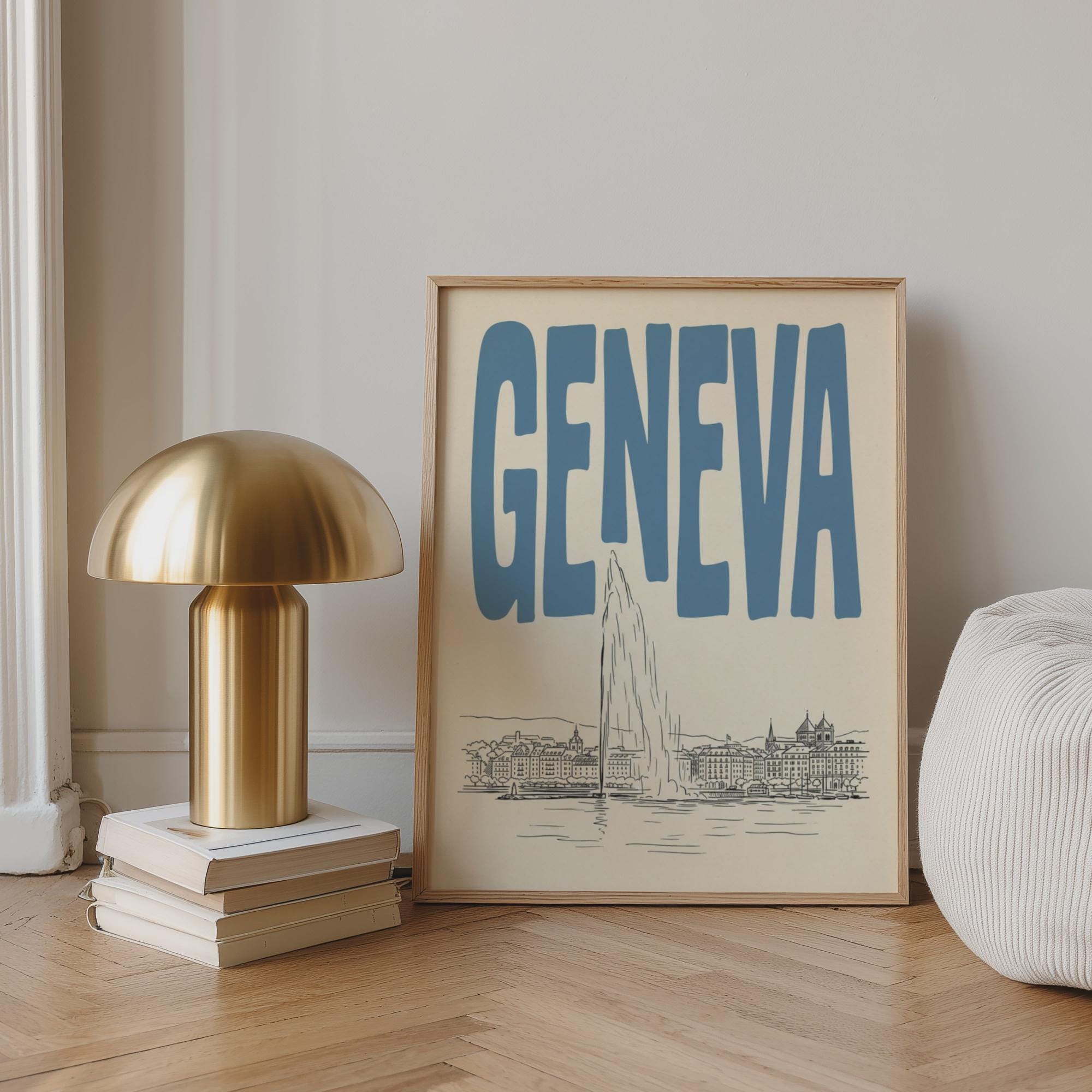 Geneva Switzerland Wall Minimalist Art, Vintage Travel Poster, Framed Canvas Print