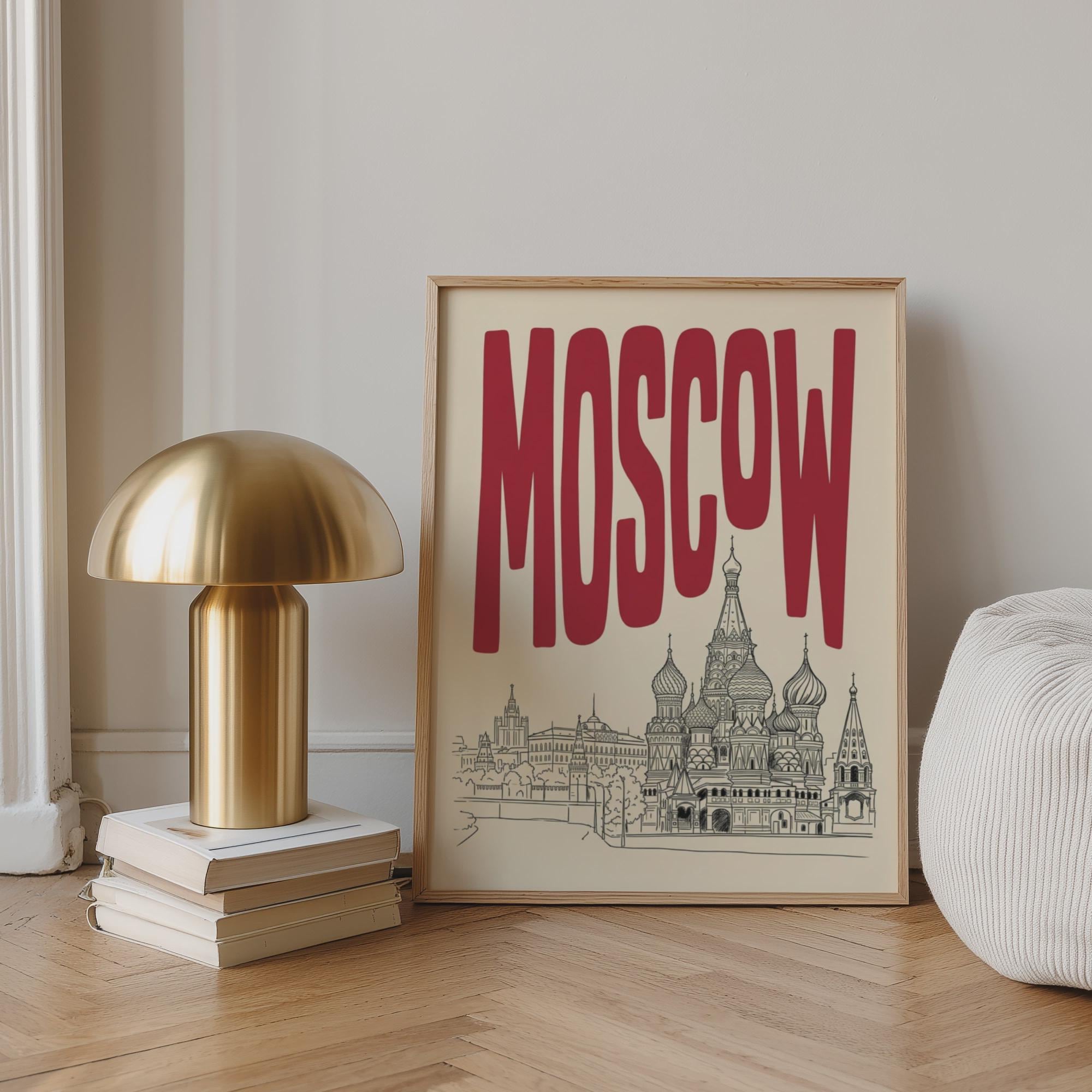 Moscow Skyline Wall Art, Framed Canvas Print, Retro Travel Poster Decor
