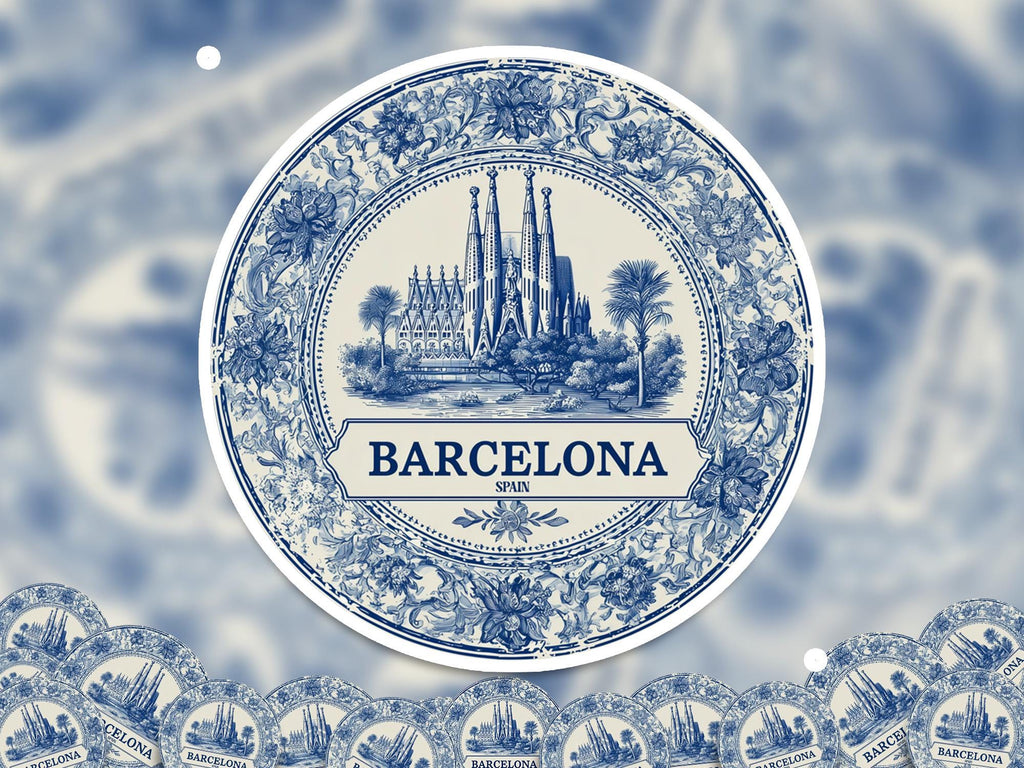 Barcelona Spain Sticker Vintage Delft style, Delftware Decal Waterproof Vinyl, Blue City Travel