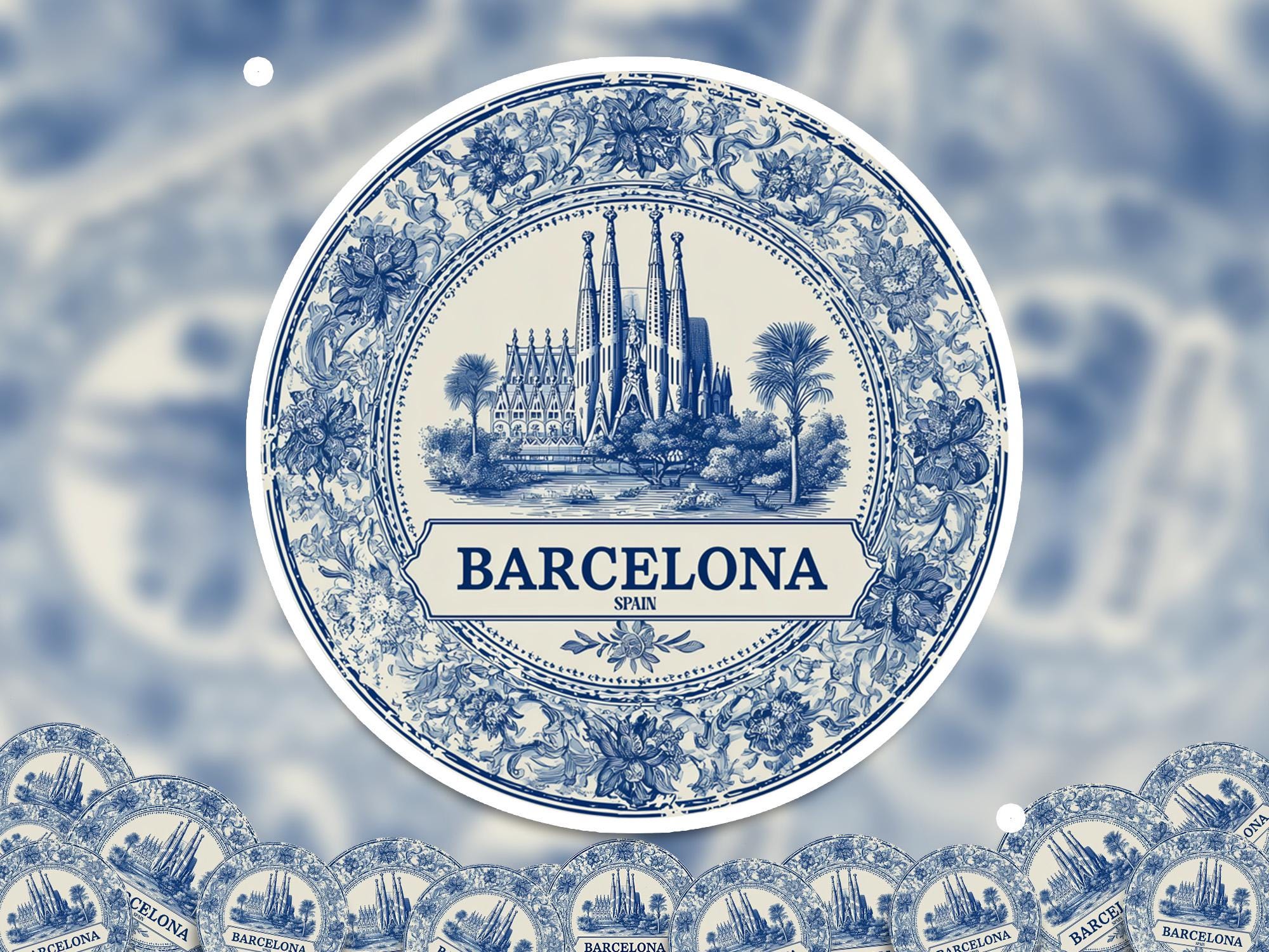 Barcelona Spain Sticker Vintage Delft style, Delftware Decal Waterproof Vinyl, Blue City Travel