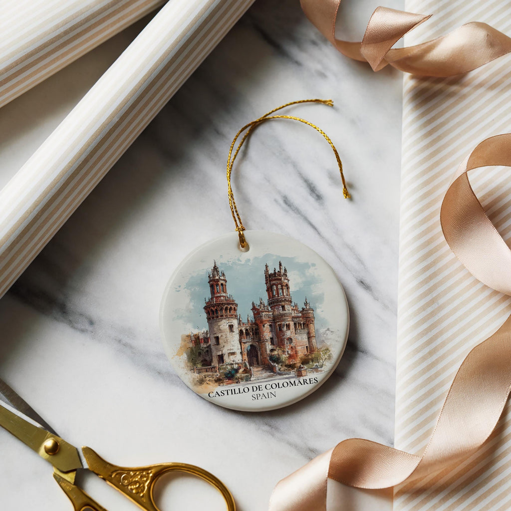 Castillo de Colomares Spain Personalized Watercolor Ornament, Custom Ceramic Christmas gift, Travel Keepsake