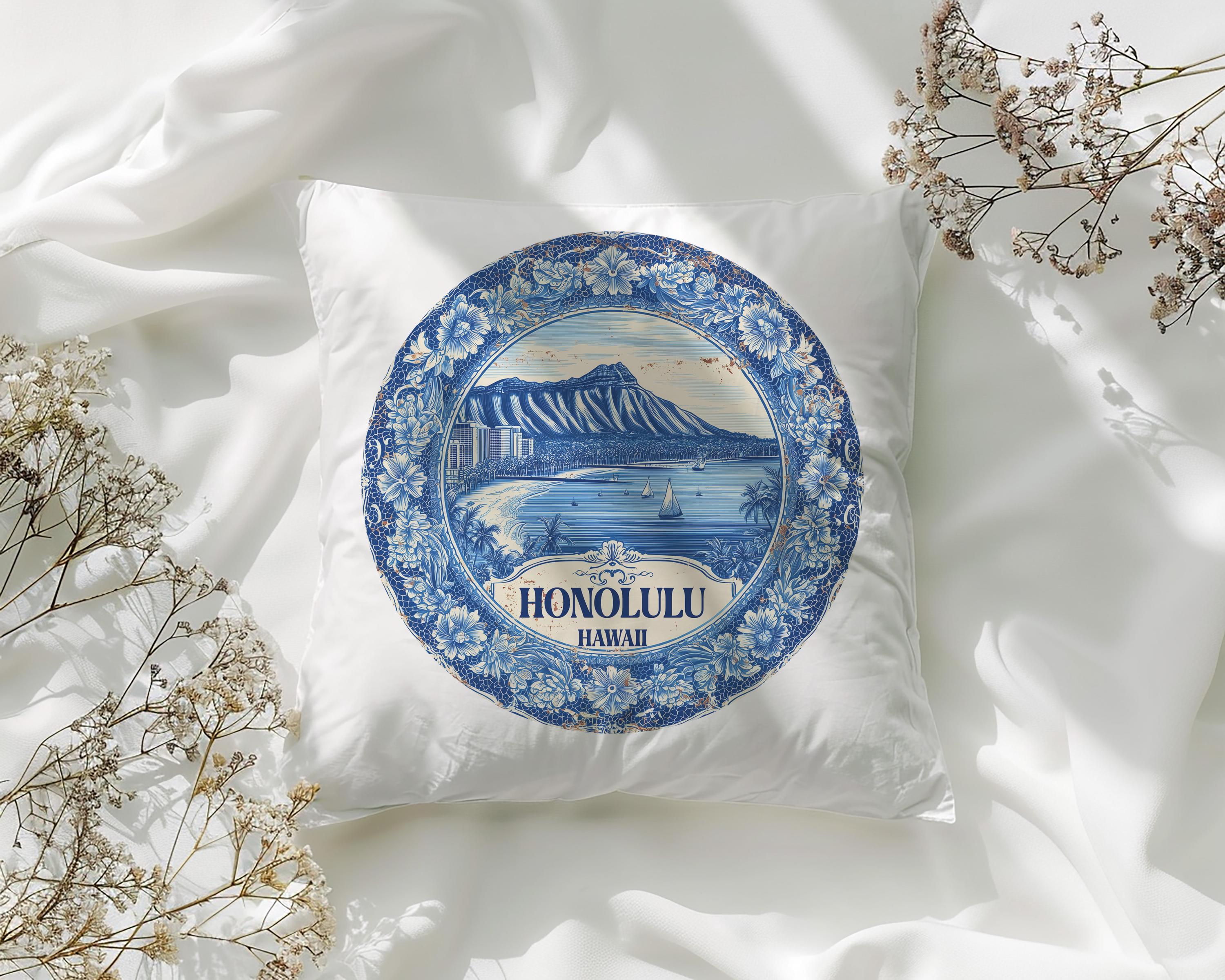 Honolulu Hawaii Pillowcase, Delft Style Decorative Throw Pillow, Vintage Cityscape Retro Home Decor