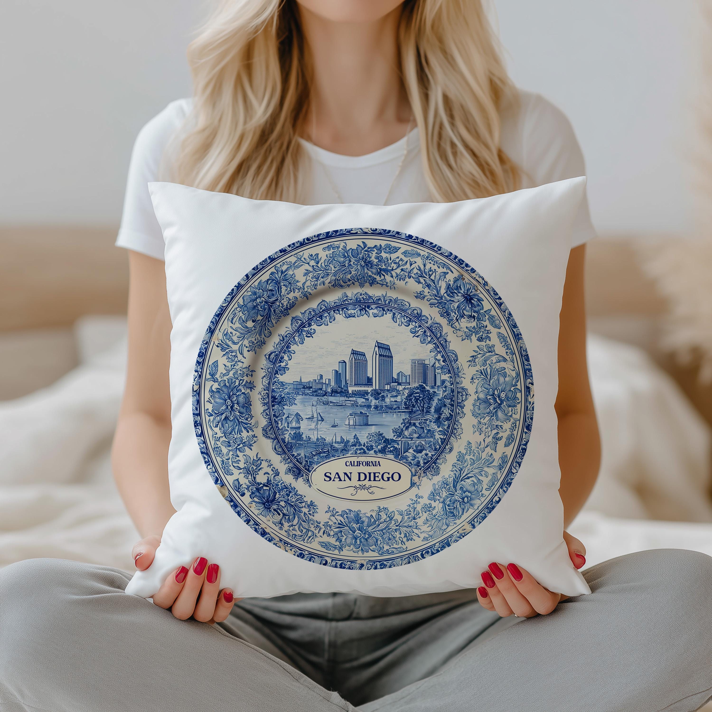 San Diego California Pillowcase, Delft Style Decorative Throw Pillow, Vintage Cityscape Retro Home Decor